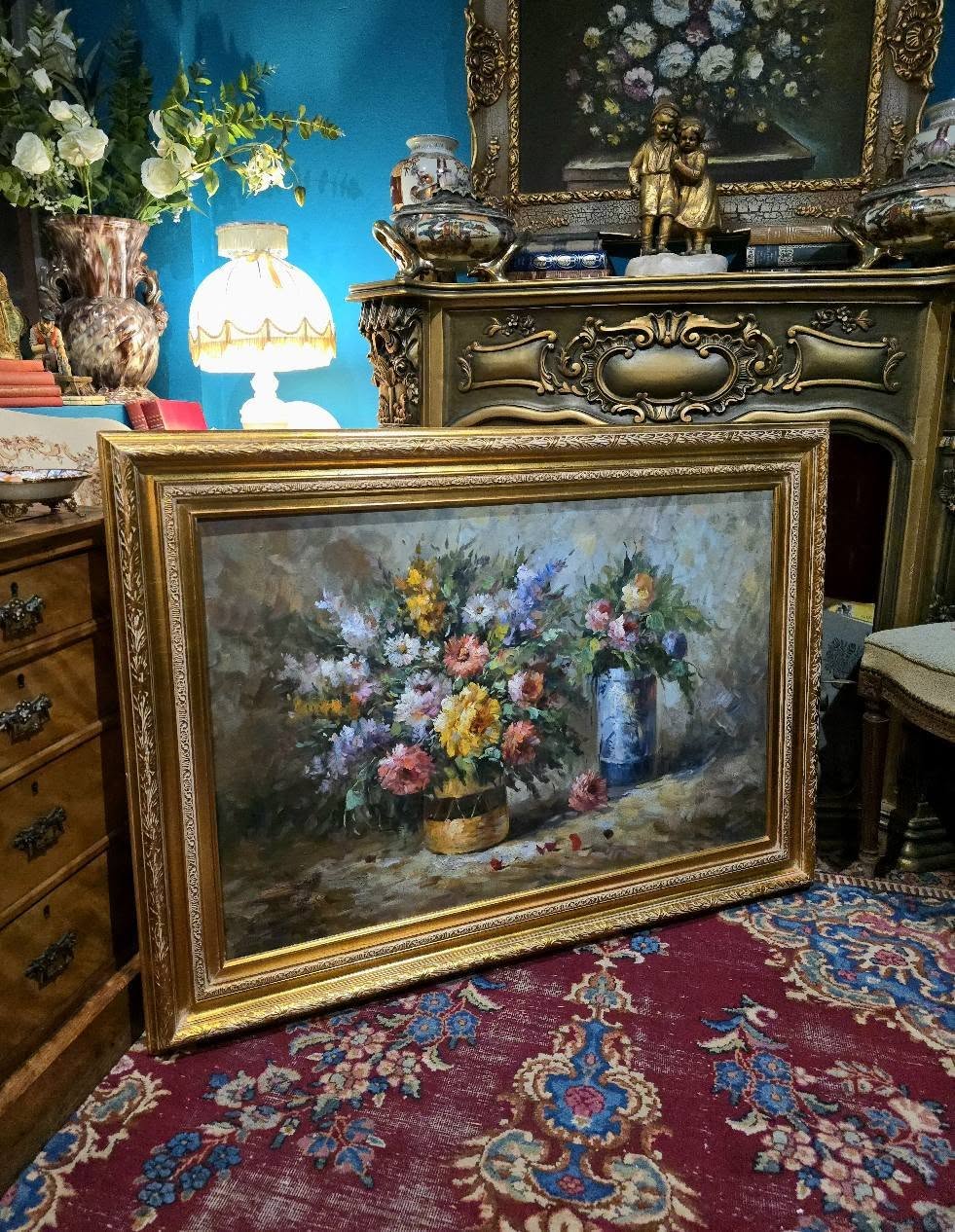 Vintage T.Denver large ornate flowers oil painting