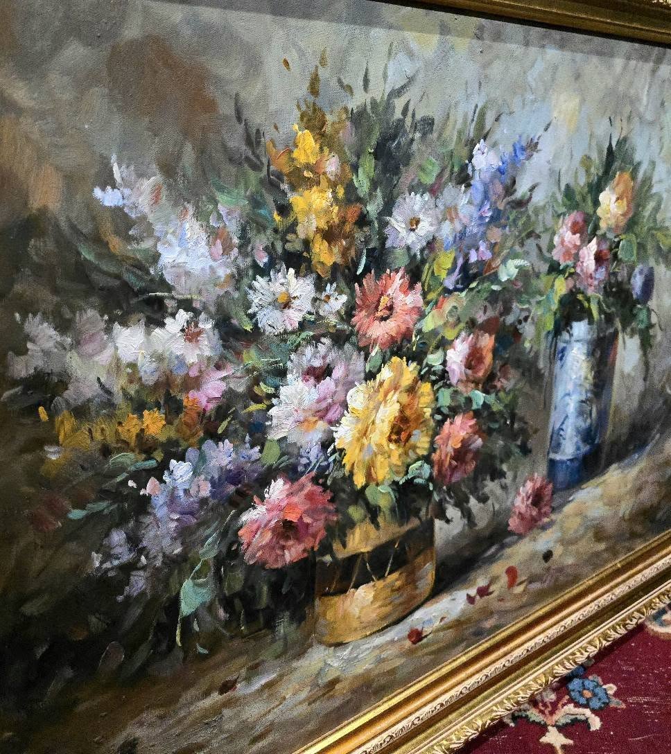 Vintage T.Denver large ornate flowers oil painting