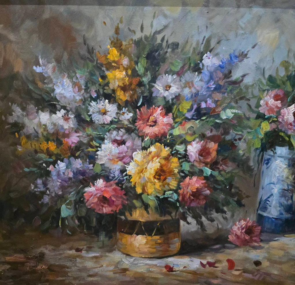 Vintage T.Denver large ornate flowers oil painting