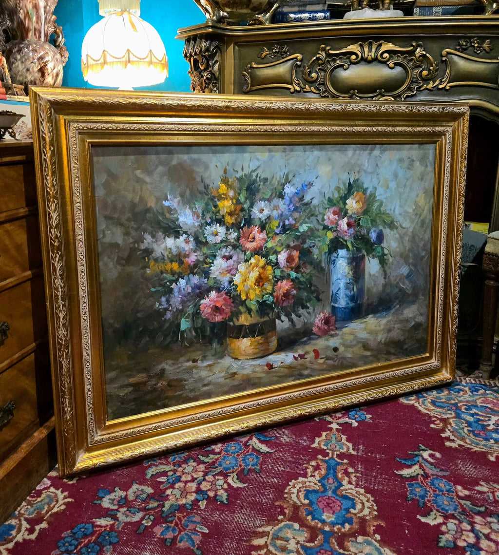 Vintage T.Denver large ornate flowers oil painting