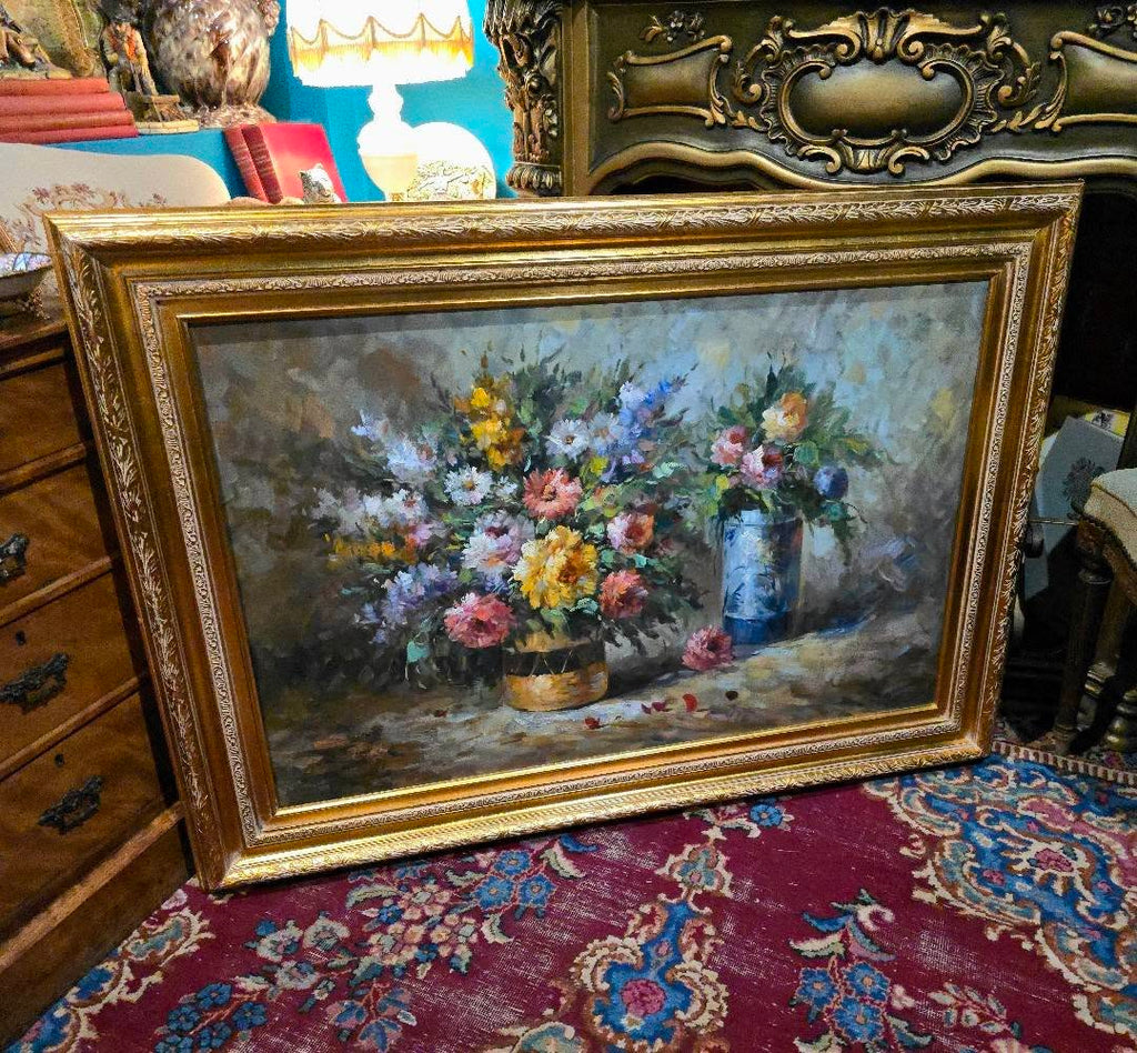 Vintage T.Denver large ornate flowers oil painting