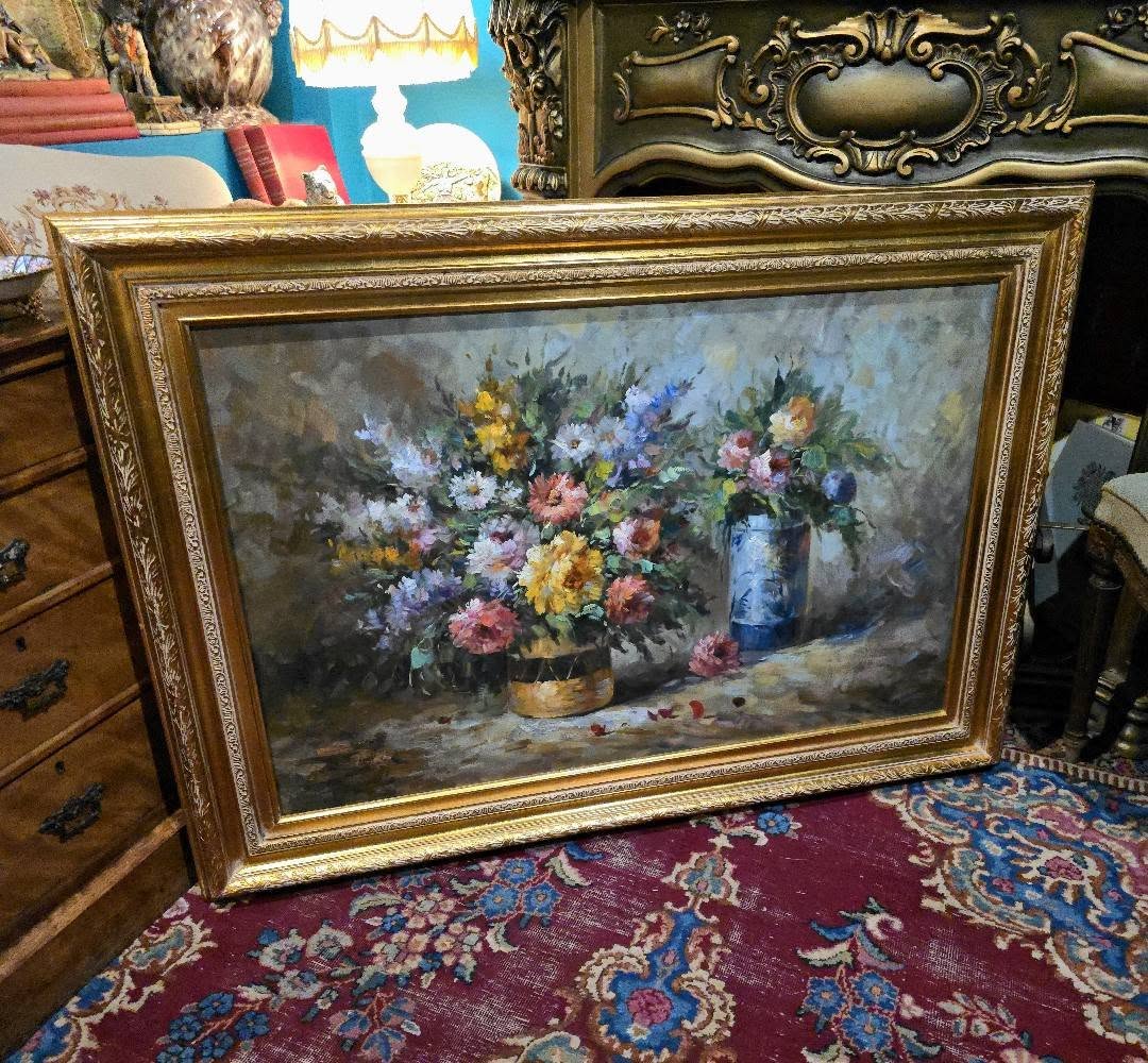 Vintage T.Denver large ornate flowers oil painting