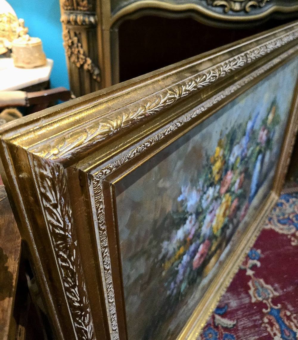 Vintage T.Denver large ornate flowers oil painting