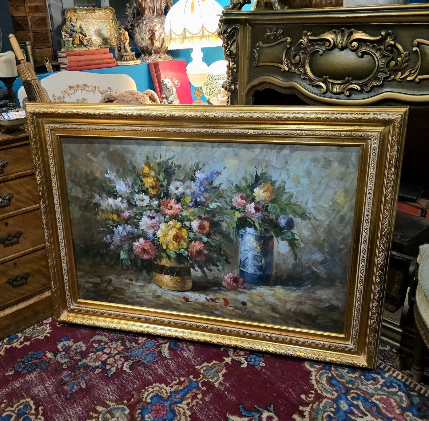 Vintage T.Denver large ornate flowers oil painting