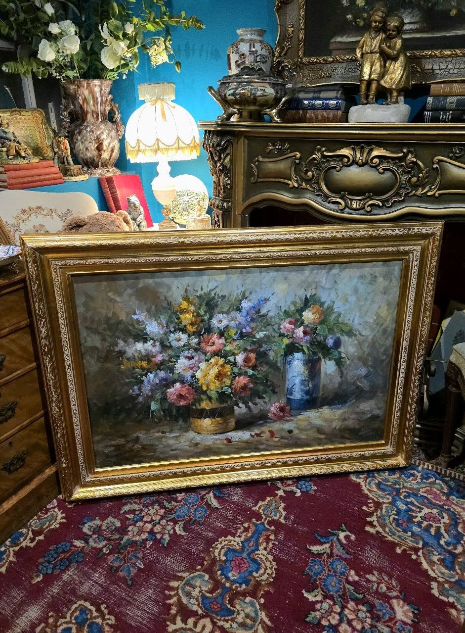 Vintage T.Denver large ornate flowers oil painting
