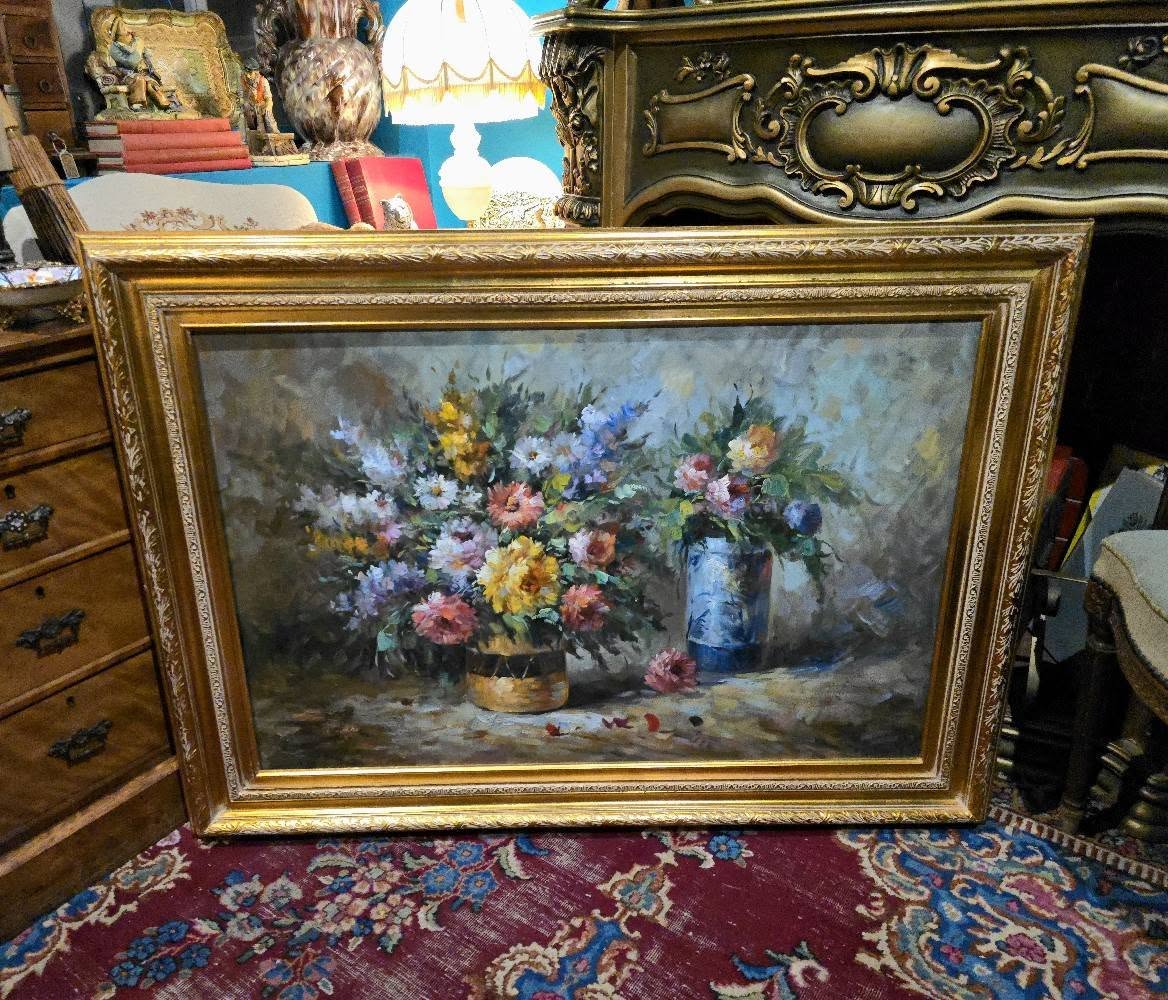 Vintage T.Denver large ornate flowers oil painting