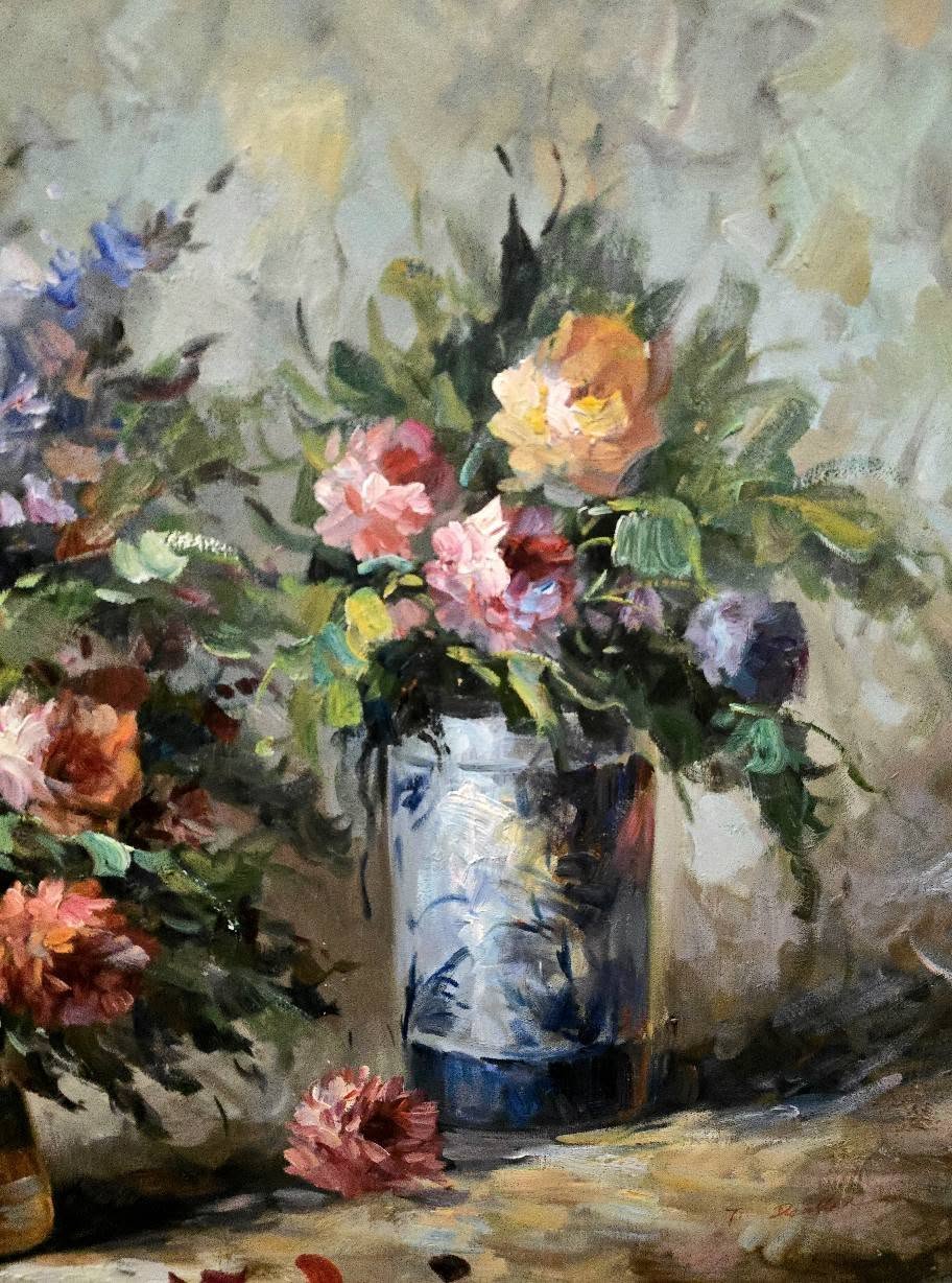 Vintage T.Denver large ornate flowers oil painting