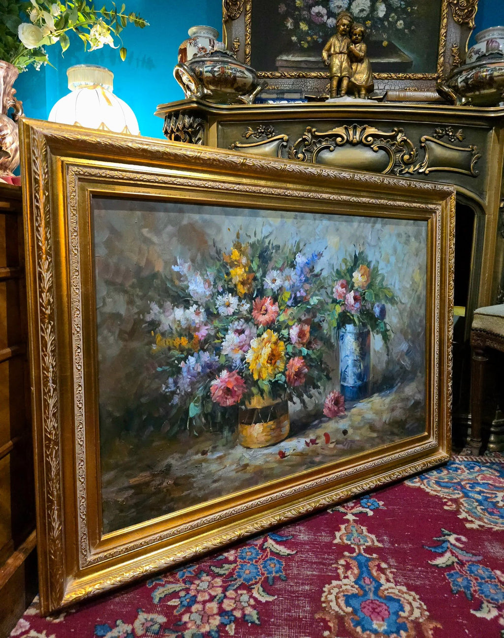 Vintage T.Denver large ornate flowers oil painting