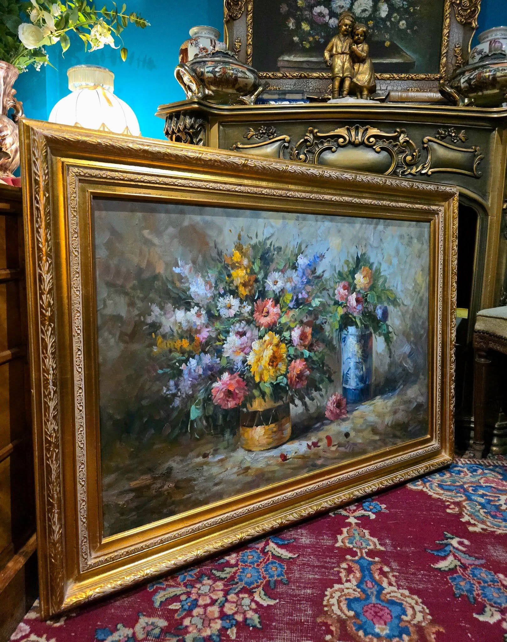 Vintage T.Denver large ornate flowers oil painting