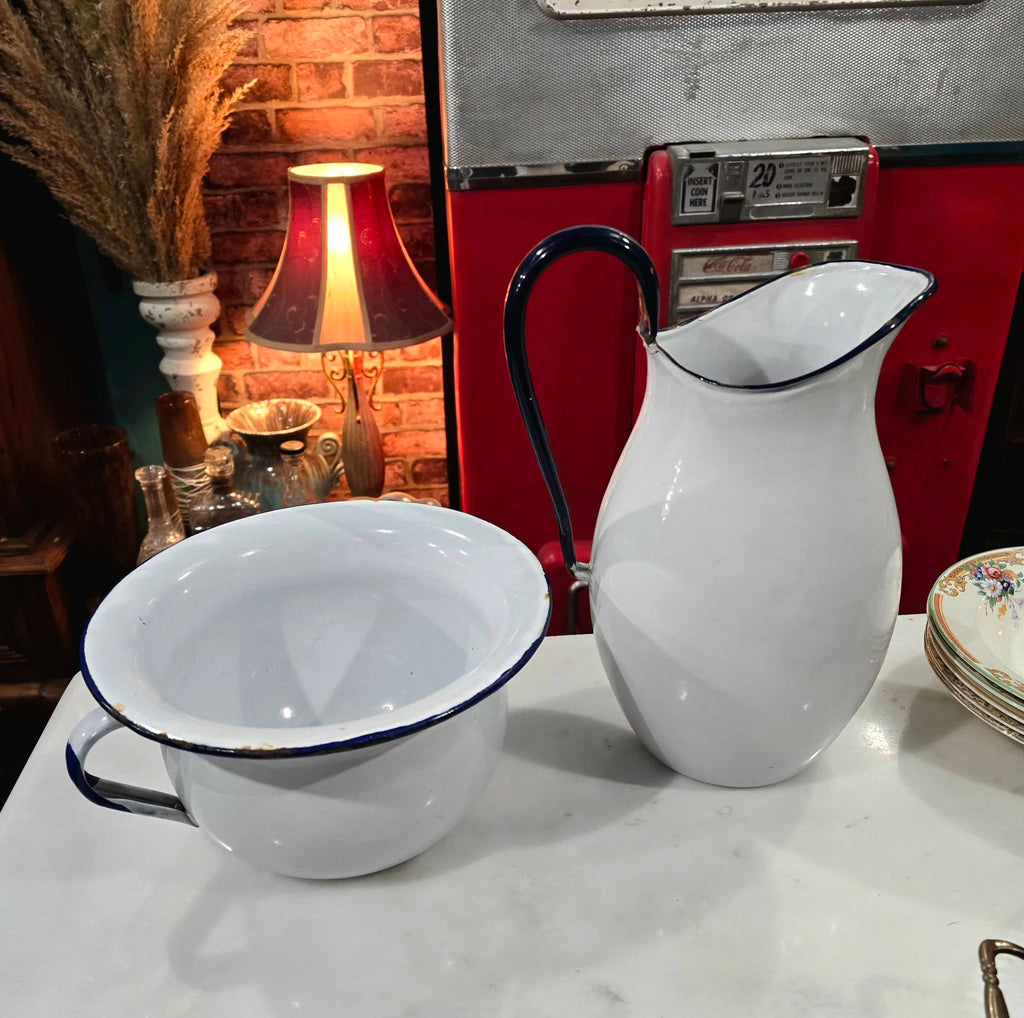Vintage white Enamelware Pitcher and Bowl Set