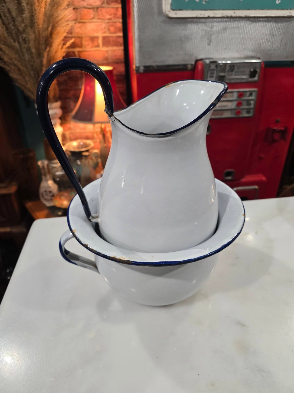 Vintage white Enamelware Pitcher and Bowl Set