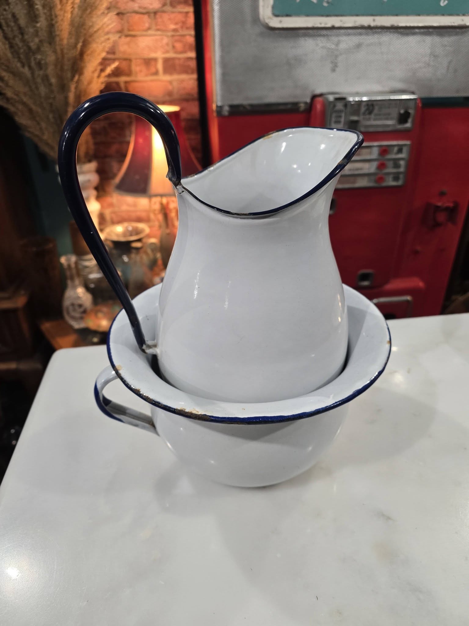 Vintage white Enamelware Pitcher and Bowl Set