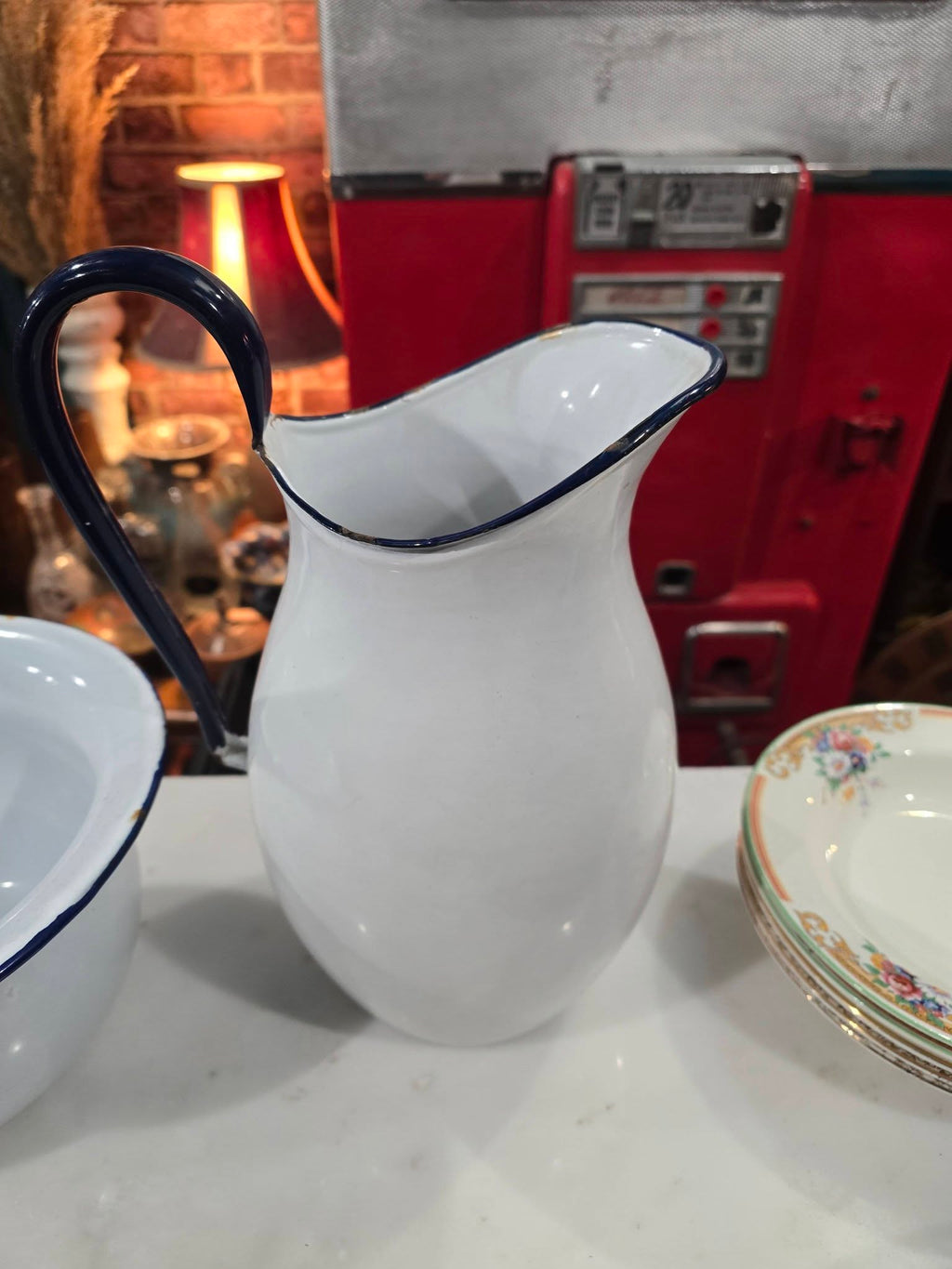 Vintage white Enamelware Pitcher and Bowl Set