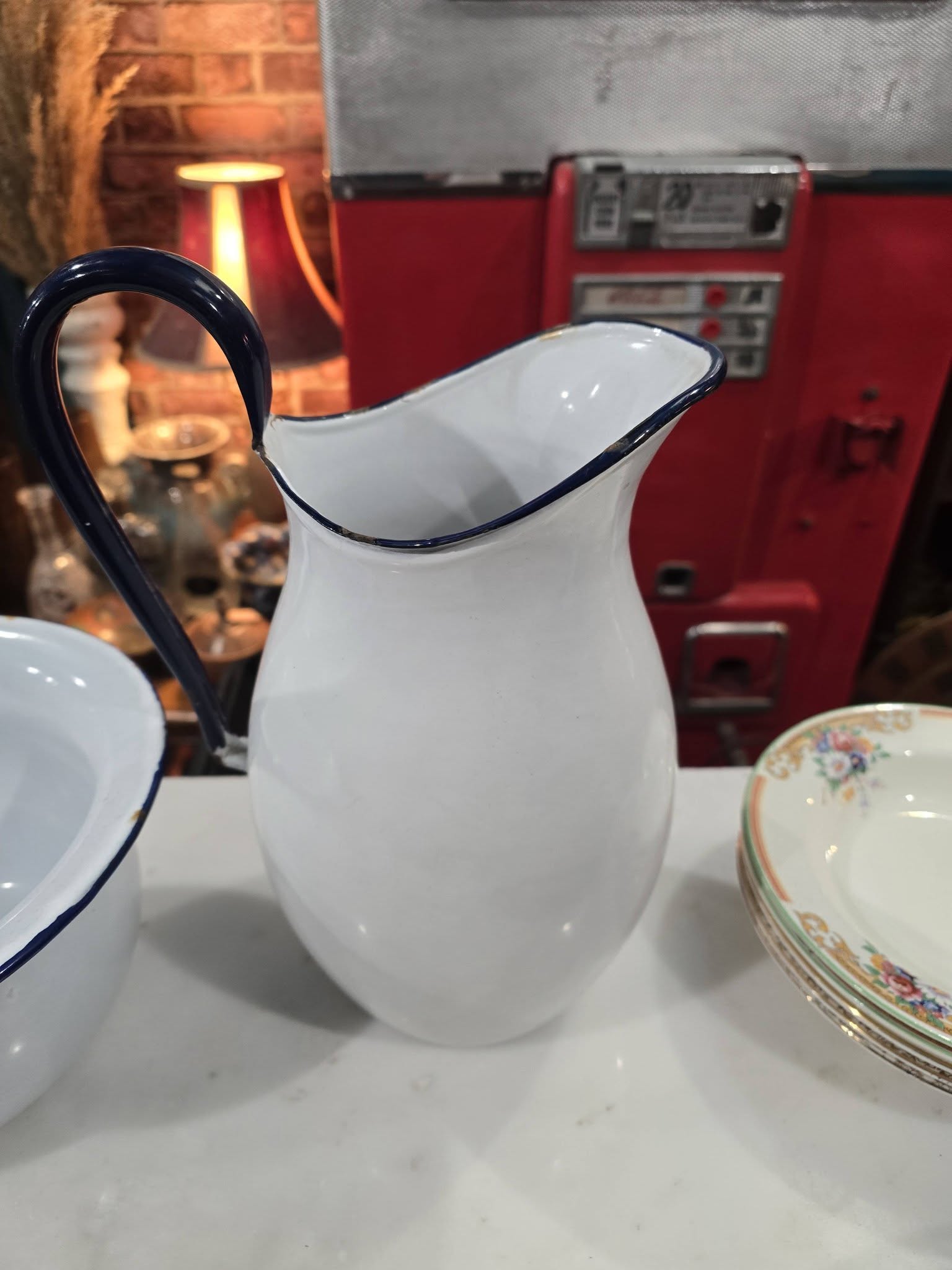Vintage white Enamelware Pitcher and Bowl Set