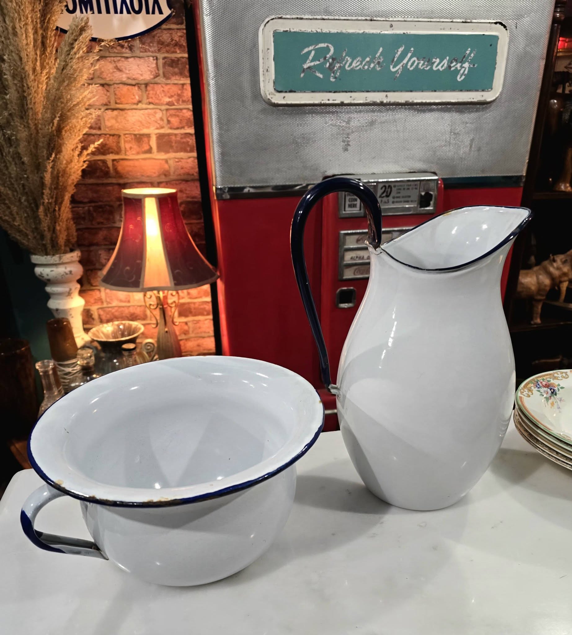 Vintage white Enamelware Pitcher and Bowl Set