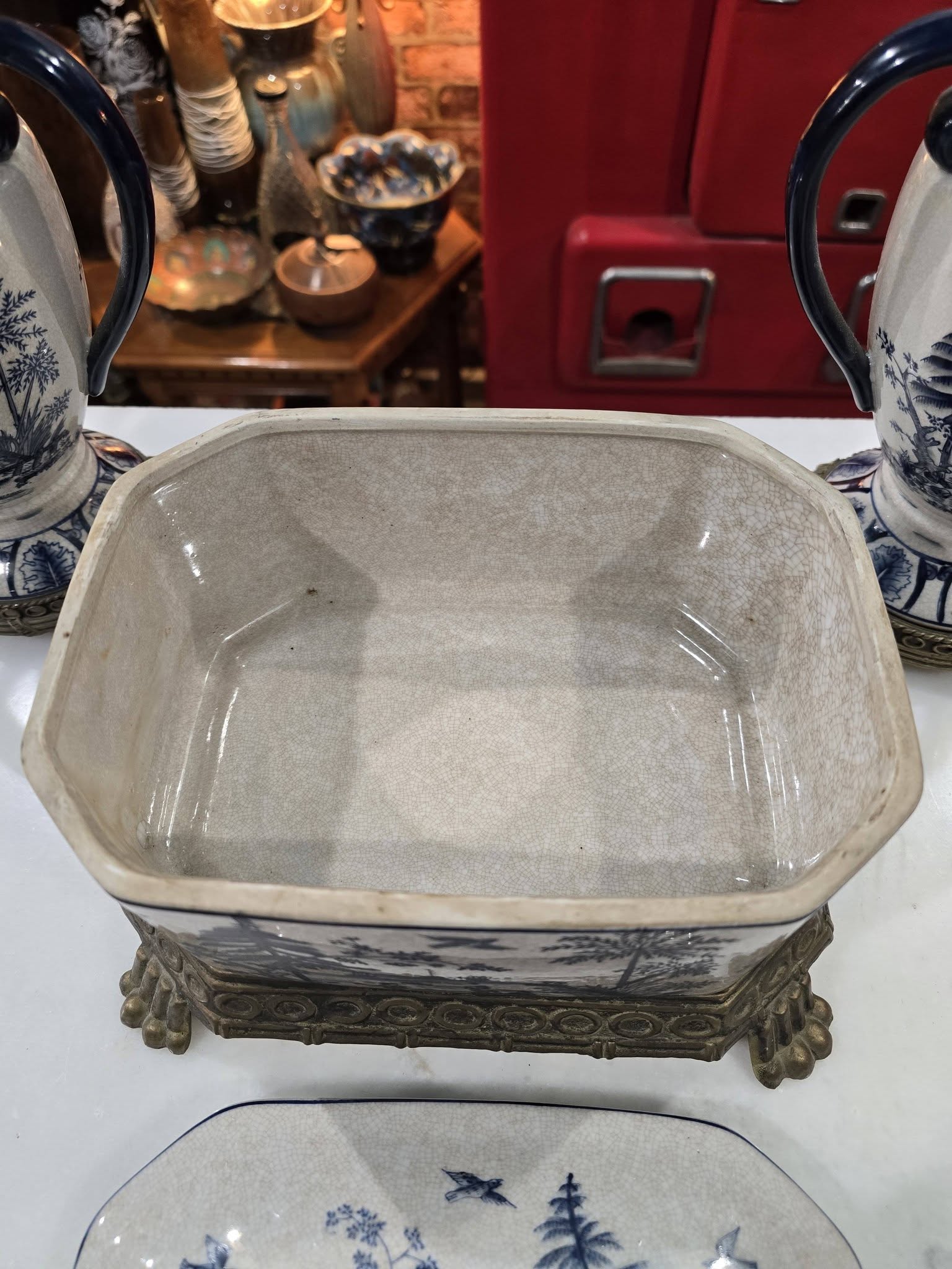 Vintage beautiful Victorian Blue & White ironstone Lidded Box on Ornate Metal Stand with vases