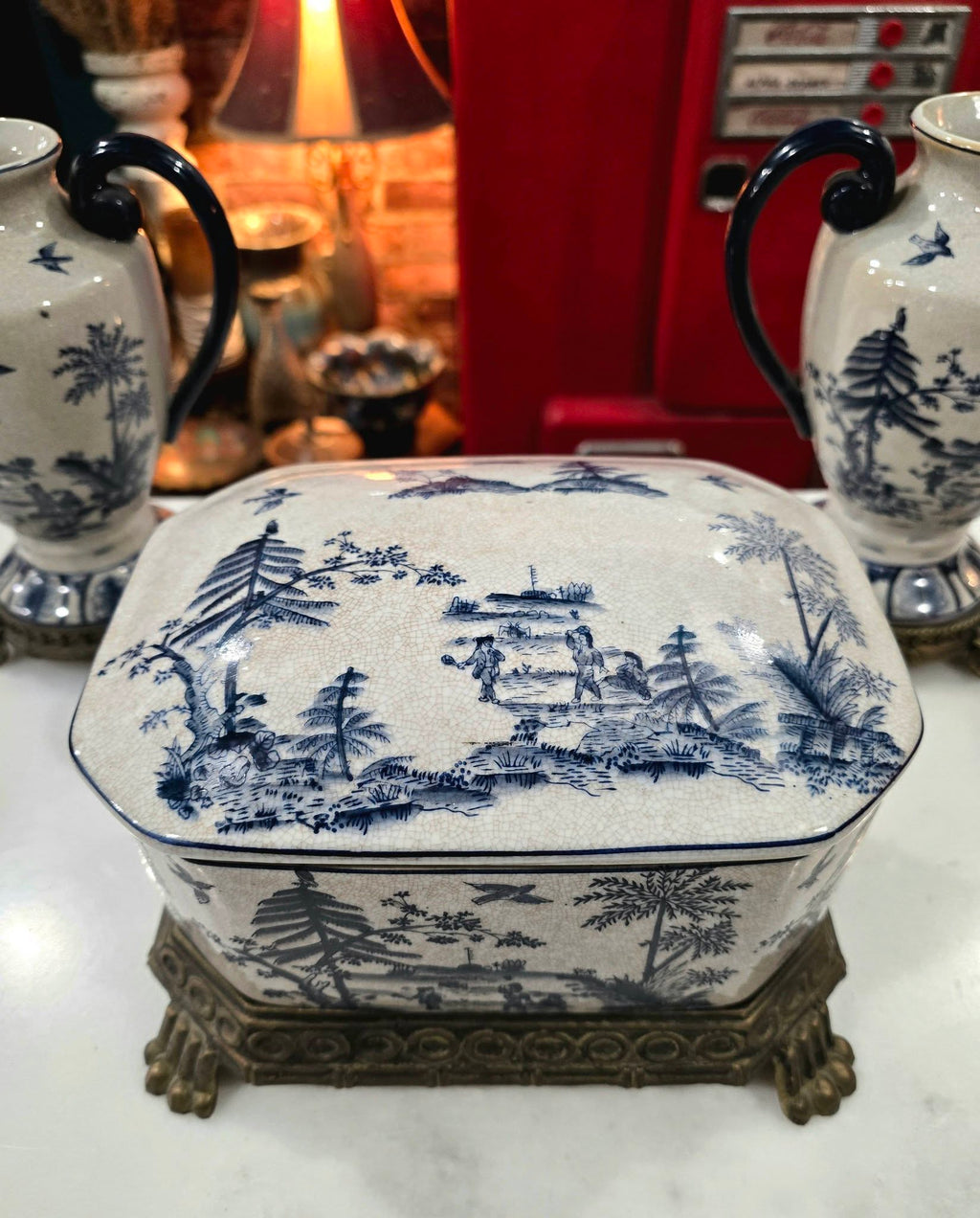 Vintage beautiful Victorian Blue & White ironstone Lidded Box on Ornate Metal Stand with vases