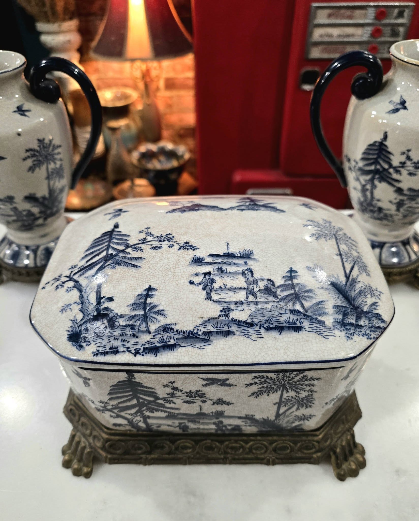 Vintage beautiful Victorian Blue & White ironstone Lidded Box on Ornate Metal Stand with vases