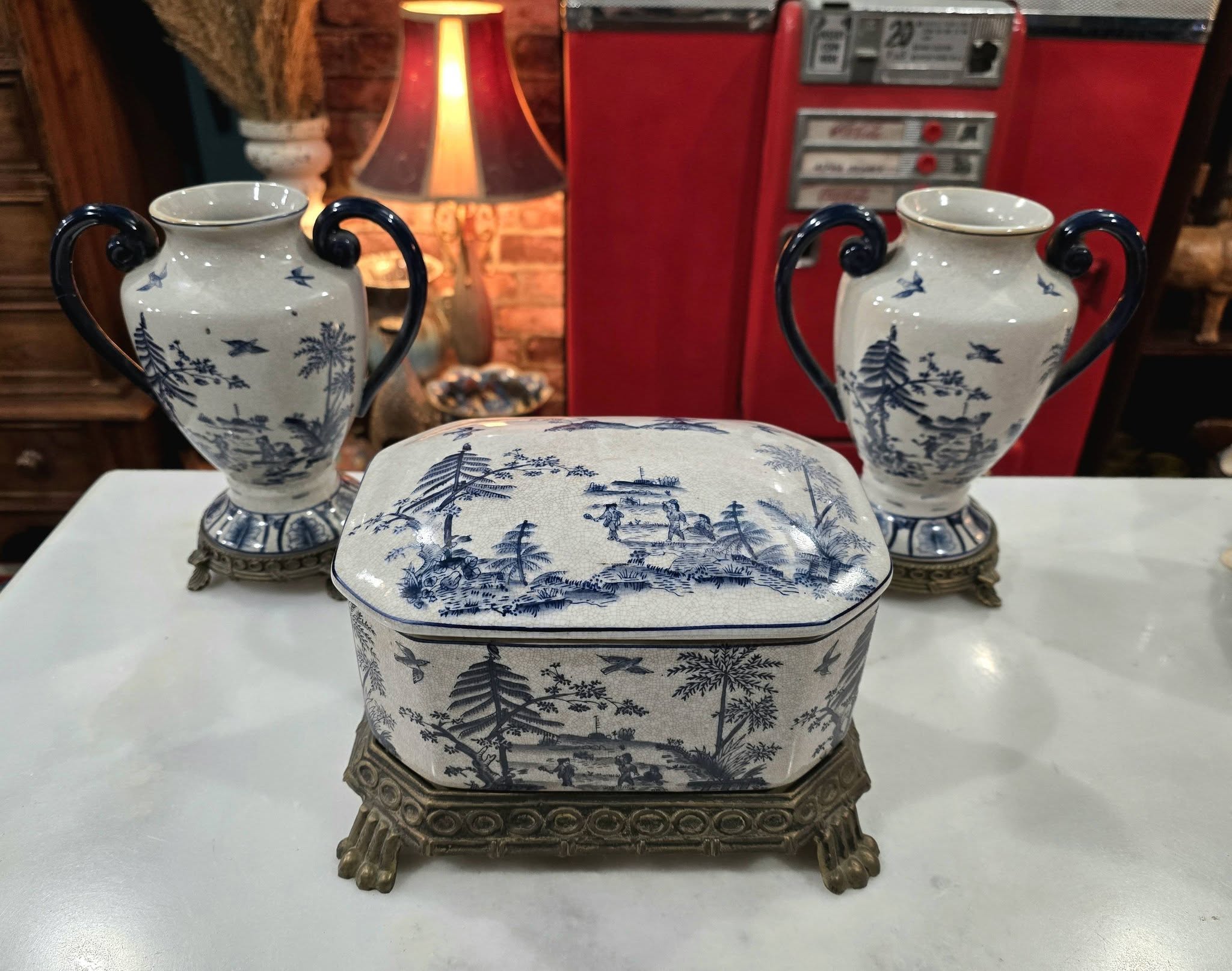 Vintage beautiful Victorian Blue & White ironstone Lidded Box on Ornate Metal Stand with vases
