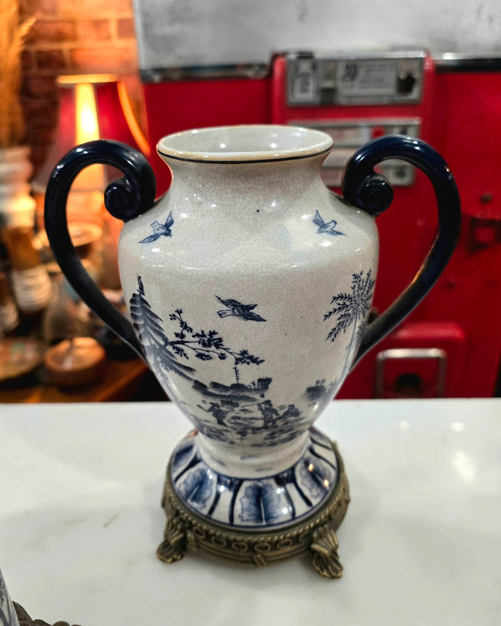 Vintage beautiful Victorian Blue & White ironstone Lidded Box on Ornate Metal Stand with vases