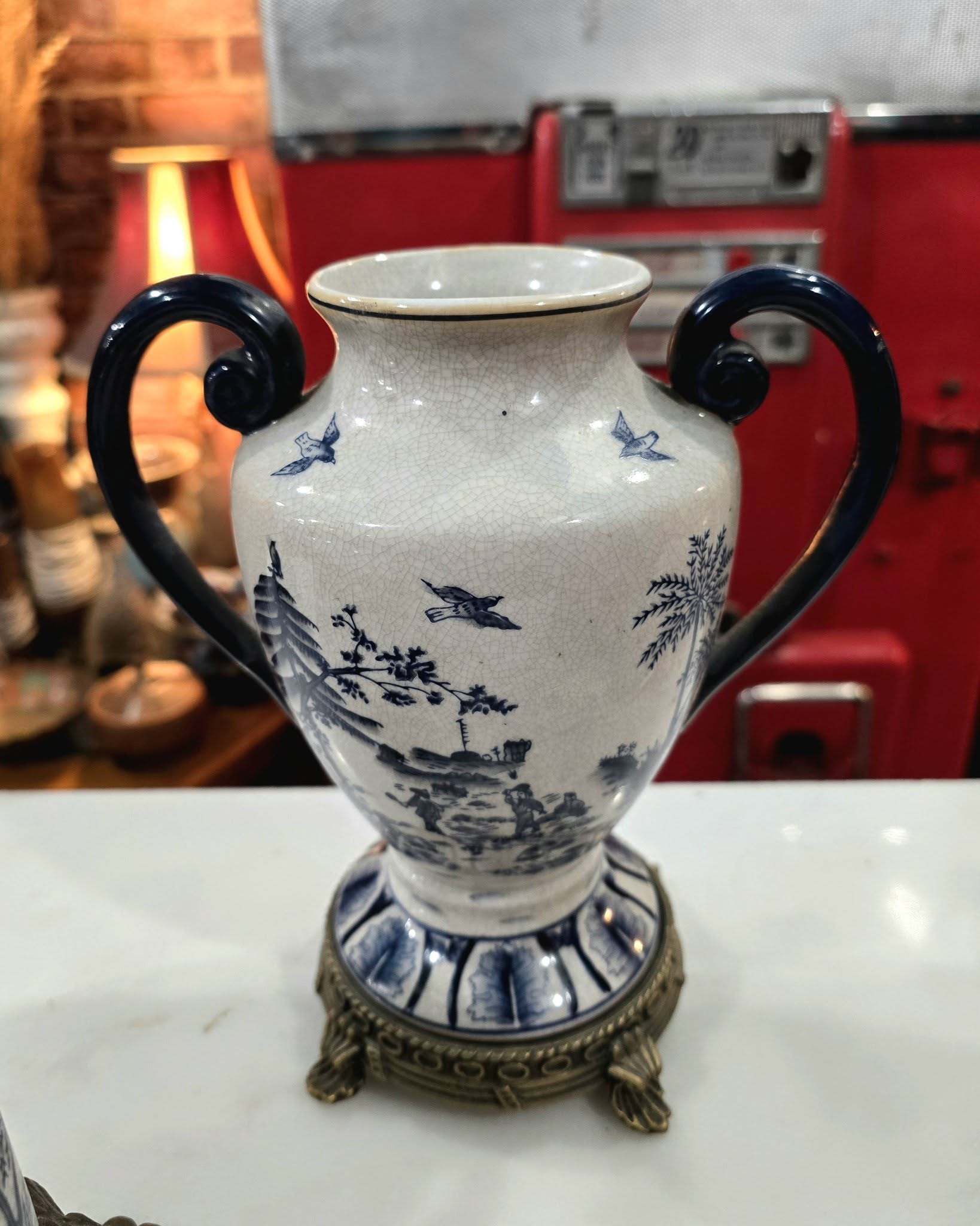 Vintage beautiful Victorian Blue & White ironstone Lidded Box on Ornate Metal Stand with vases
