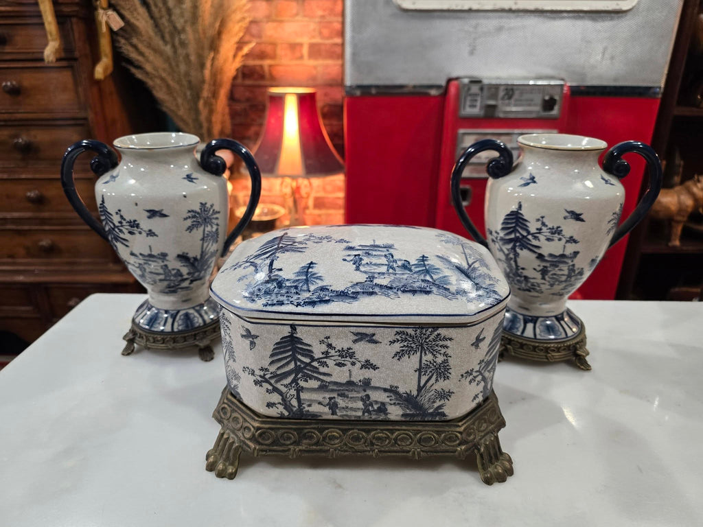 Vintage beautiful Victorian Blue & White ironstone Lidded Box on Ornate Metal Stand with vases