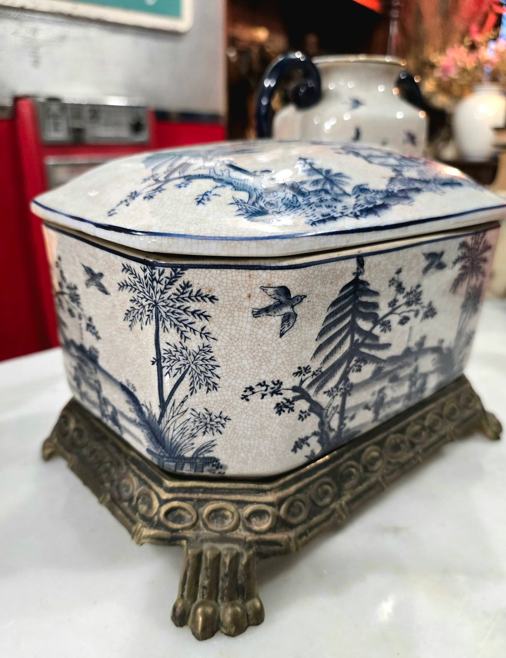 Vintage beautiful Victorian Blue & White ironstone Lidded Box on Ornate Metal Stand with vases