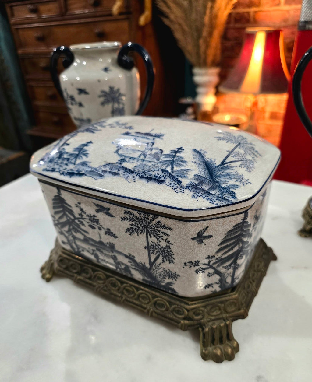 Vintage beautiful Victorian Blue & White ironstone Lidded Box on Ornate Metal Stand with vases