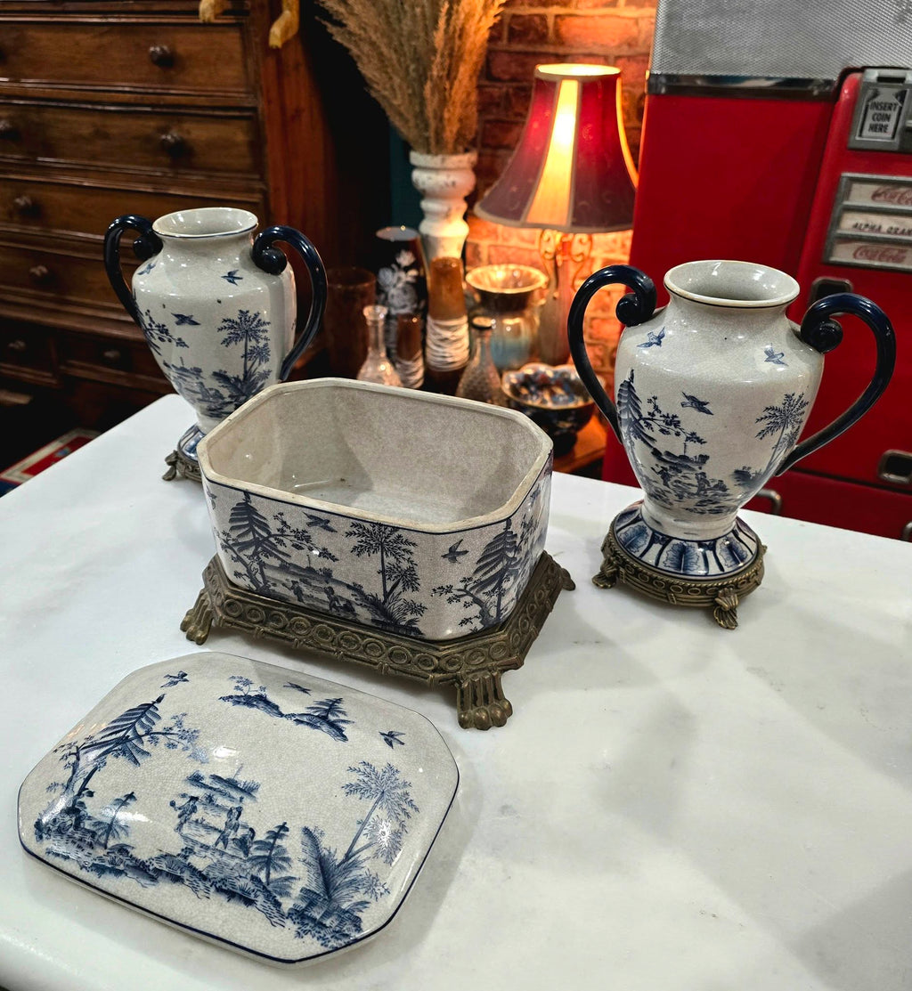 Vintage beautiful Victorian Blue & White ironstone Lidded Box on Ornate Metal Stand with vases