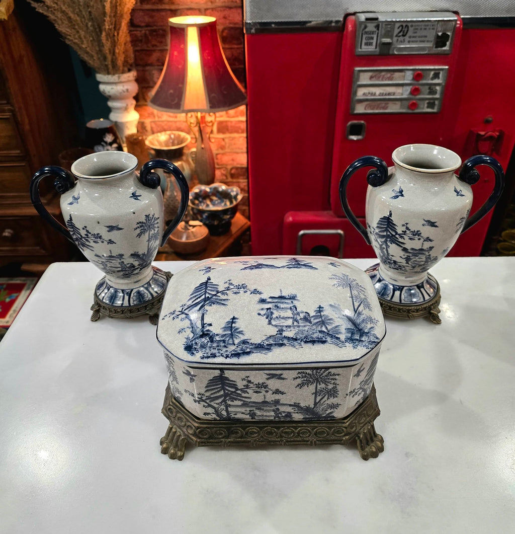 Vintage beautiful Victorian Blue & White ironstone Lidded Box on Ornate Metal Stand with vases