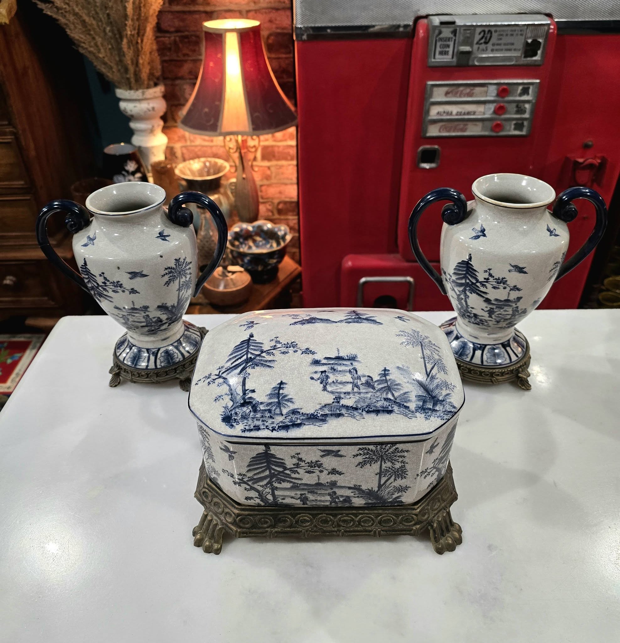 Vintage beautiful Victorian Blue & White ironstone Lidded Box on Ornate Metal Stand with vases