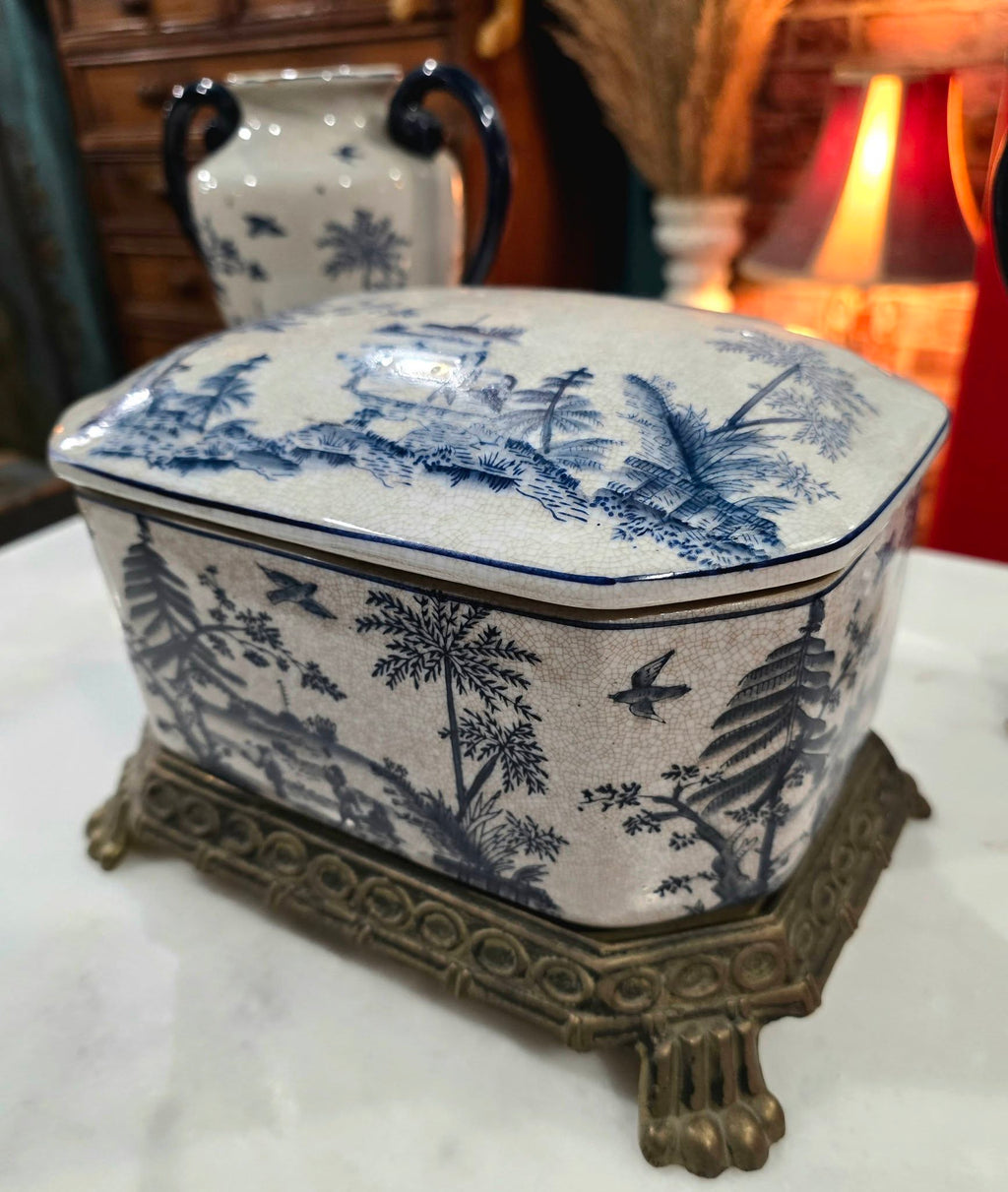 Vintage beautiful Victorian Blue & White ironstone Lidded Box on Ornate Metal Stand with vases