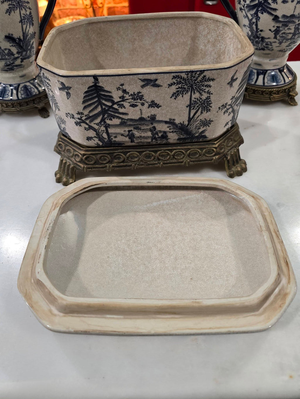 Vintage beautiful Victorian Blue & White ironstone Lidded Box on Ornate Metal Stand with vases