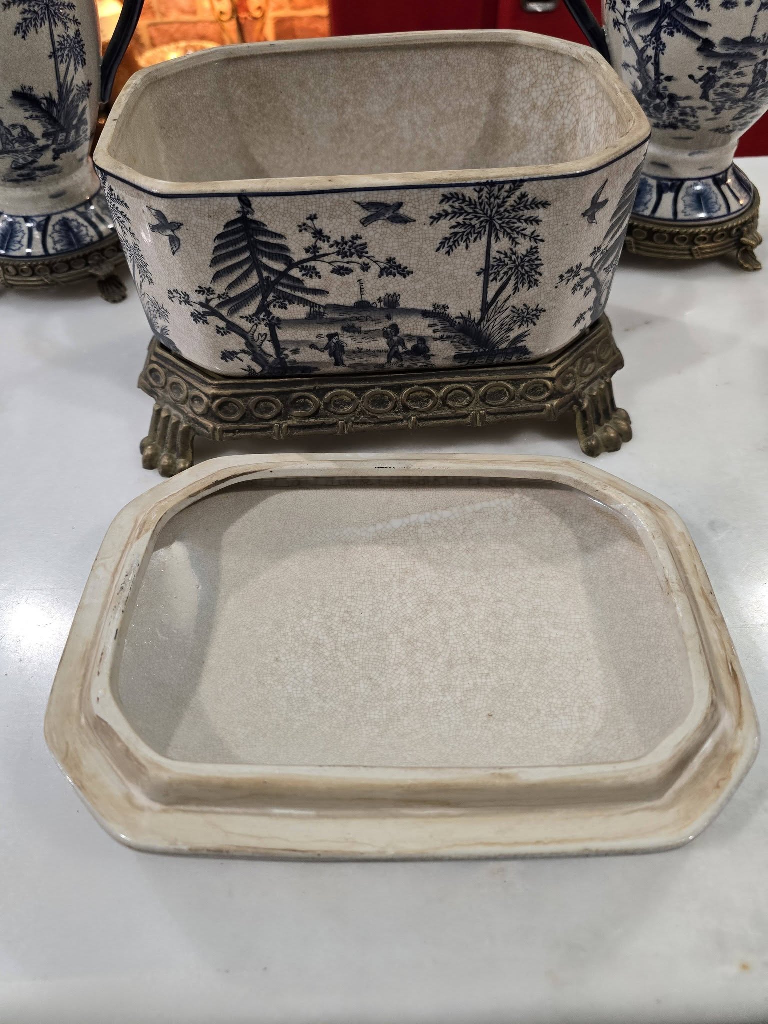 Vintage beautiful Victorian Blue & White ironstone Lidded Box on Ornate Metal Stand with vases
