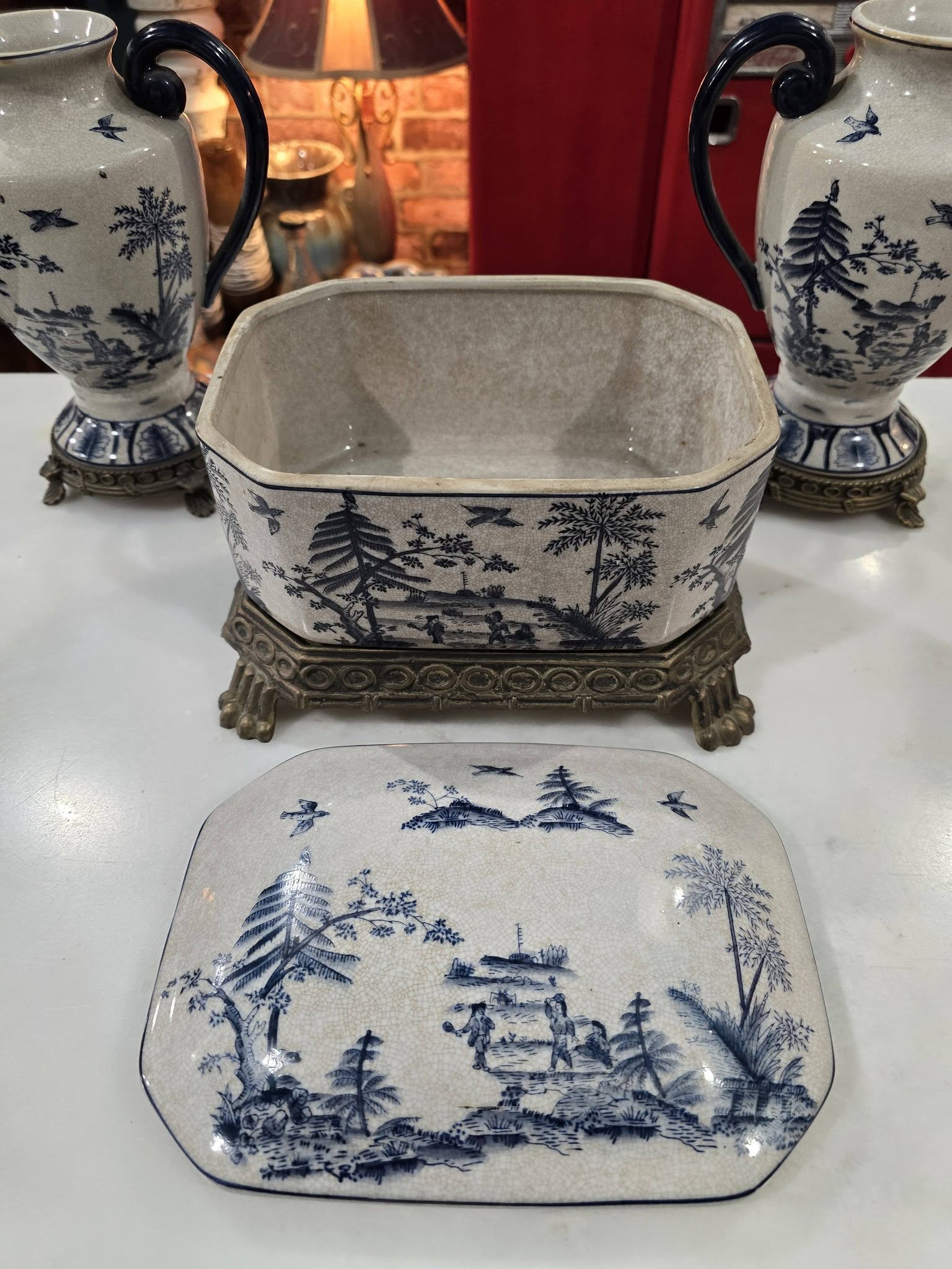 Vintage beautiful Victorian Blue & White ironstone Lidded Box on Ornate Metal Stand with vases