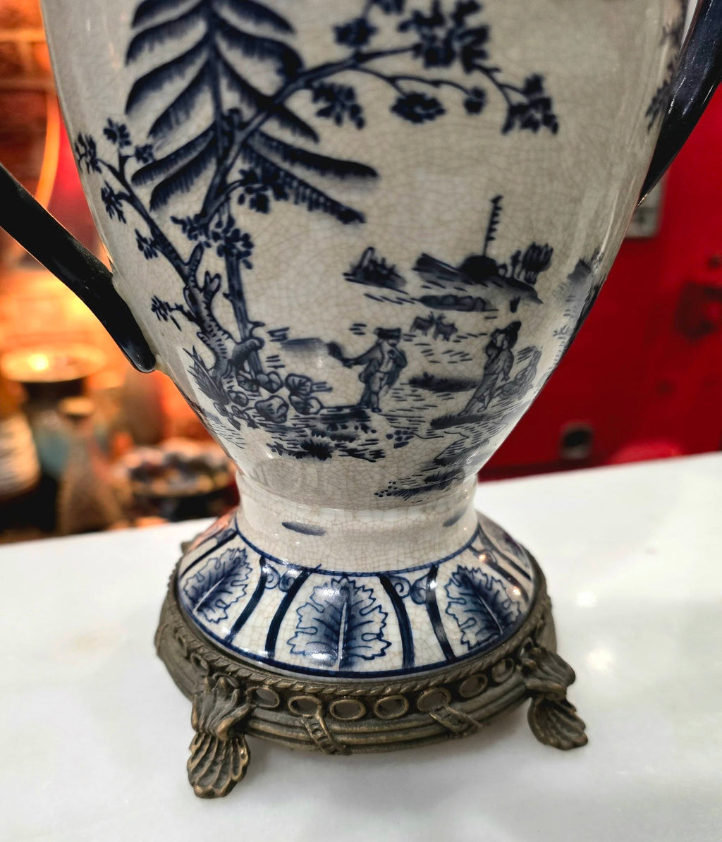 Vintage beautiful Victorian Blue & White ironstone Lidded Box on Ornate Metal Stand with vases