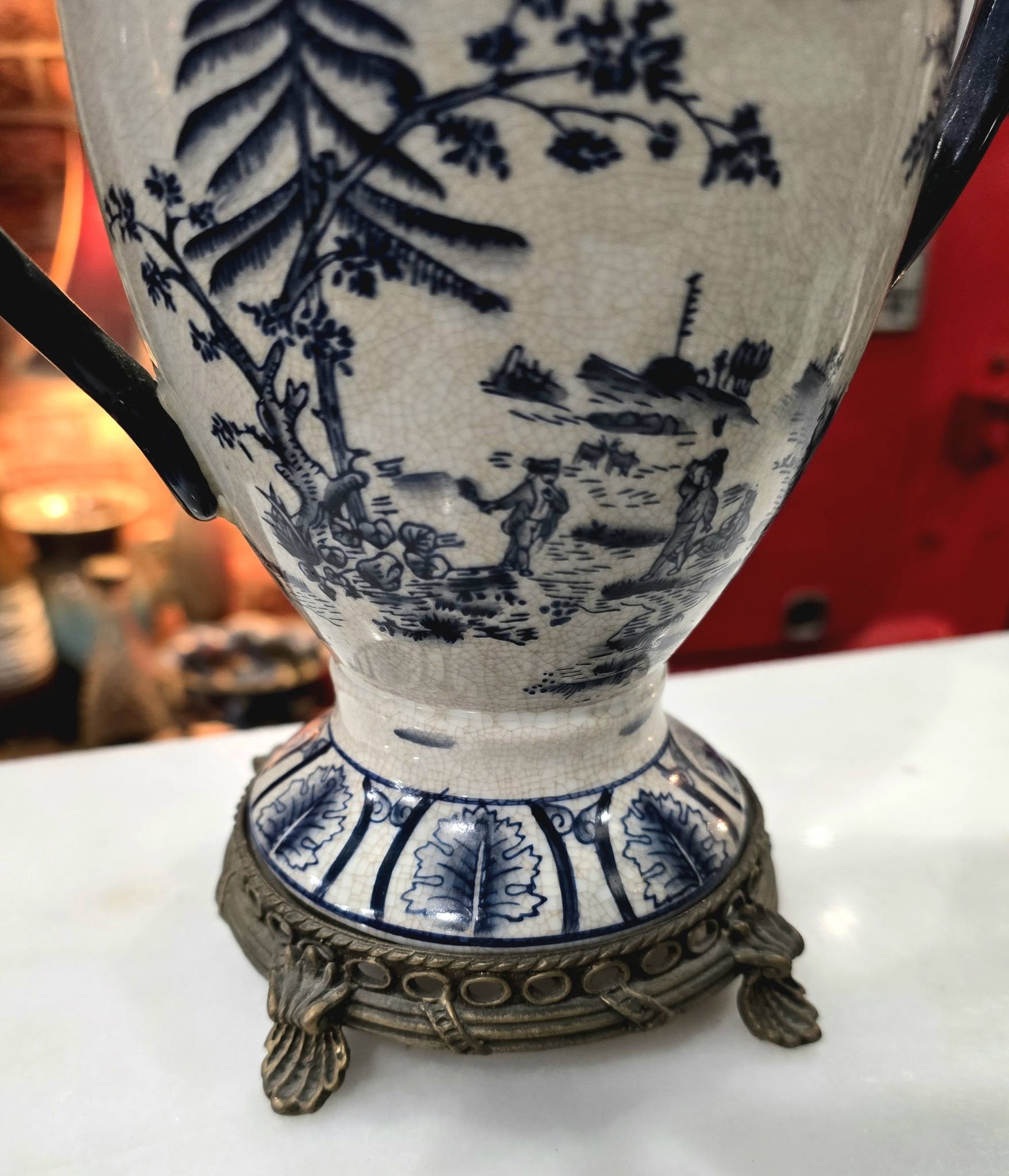 Vintage beautiful Victorian Blue & White ironstone Lidded Box on Ornate Metal Stand with vases