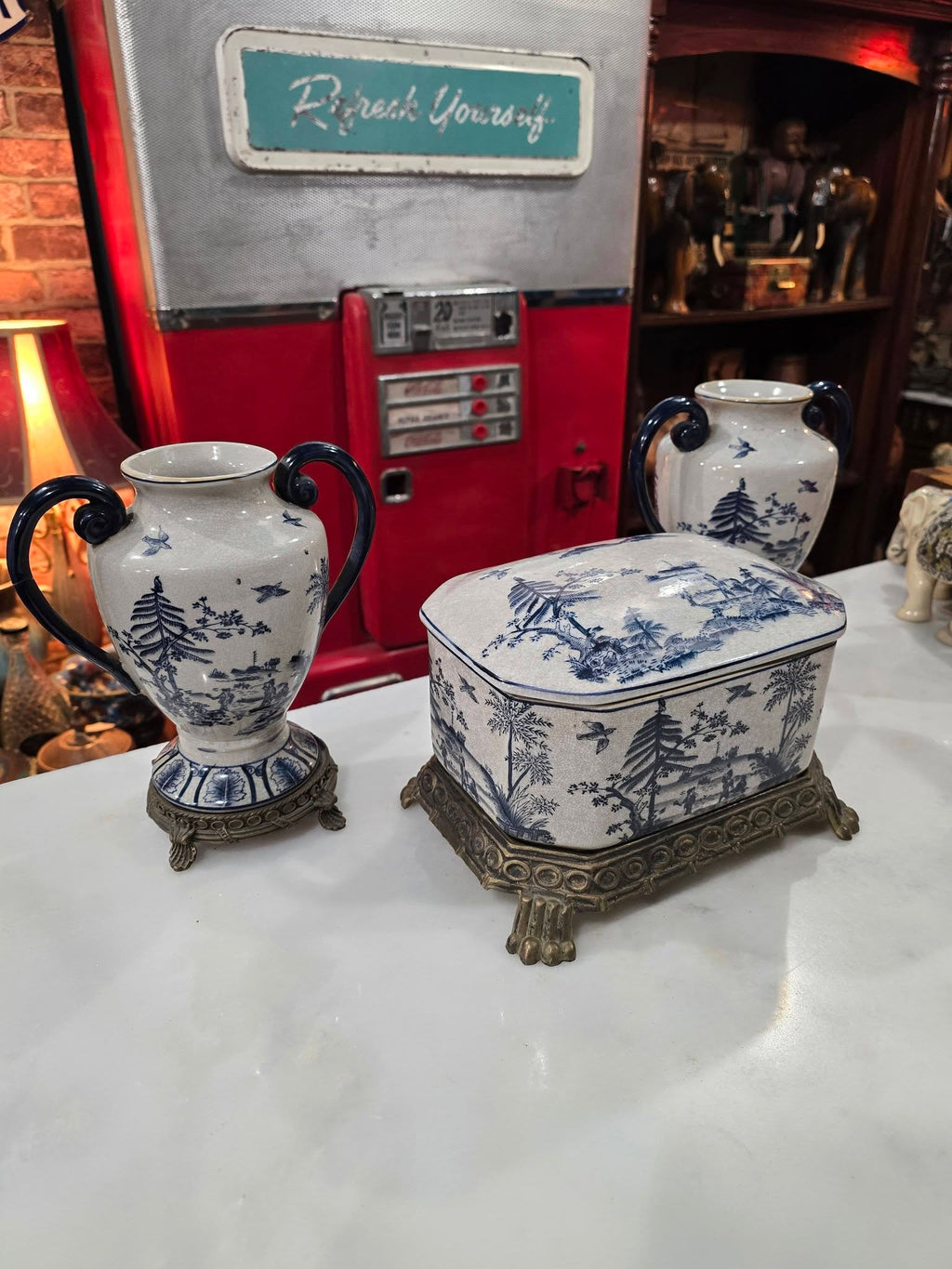 Vintage beautiful Victorian Blue & White ironstone Lidded Box on Ornate Metal Stand with vases