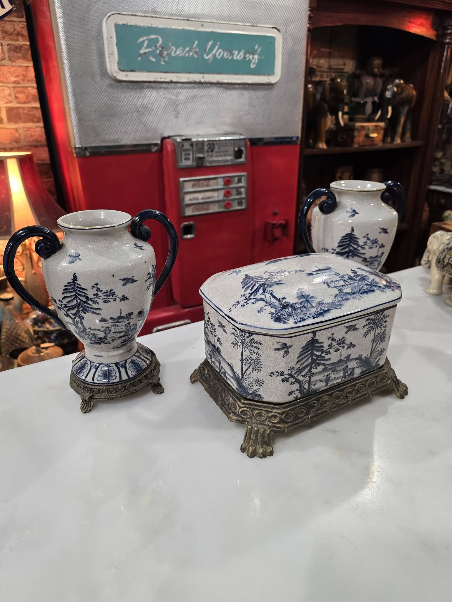 Vintage beautiful Victorian Blue & White ironstone Lidded Box on Ornate Metal Stand with vases