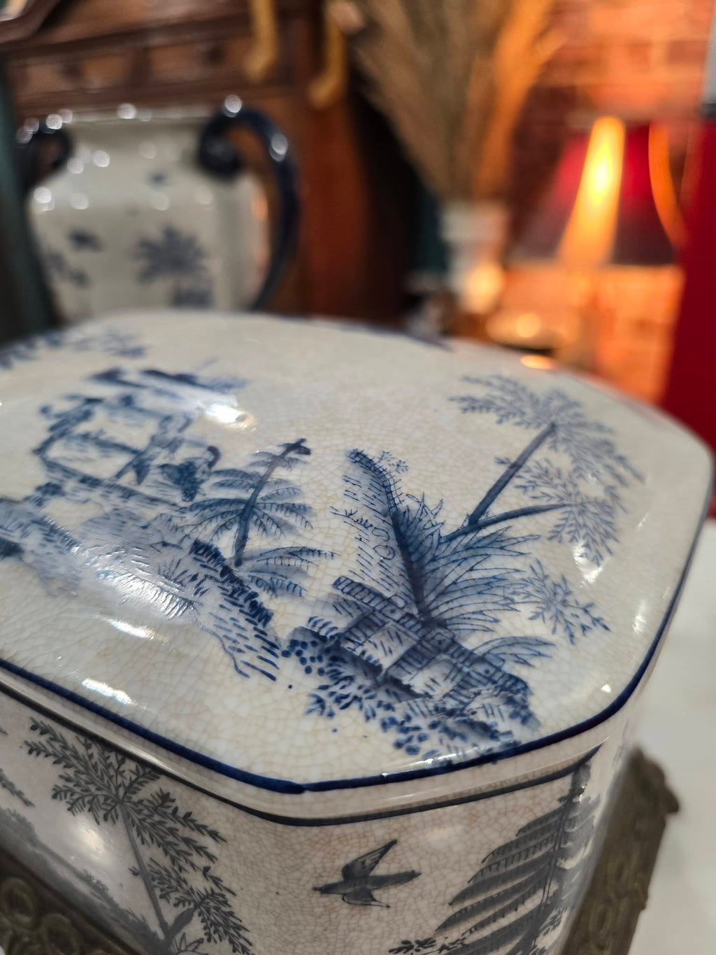 Vintage beautiful Victorian Blue & White ironstone Lidded Box on Ornate Metal Stand with vases