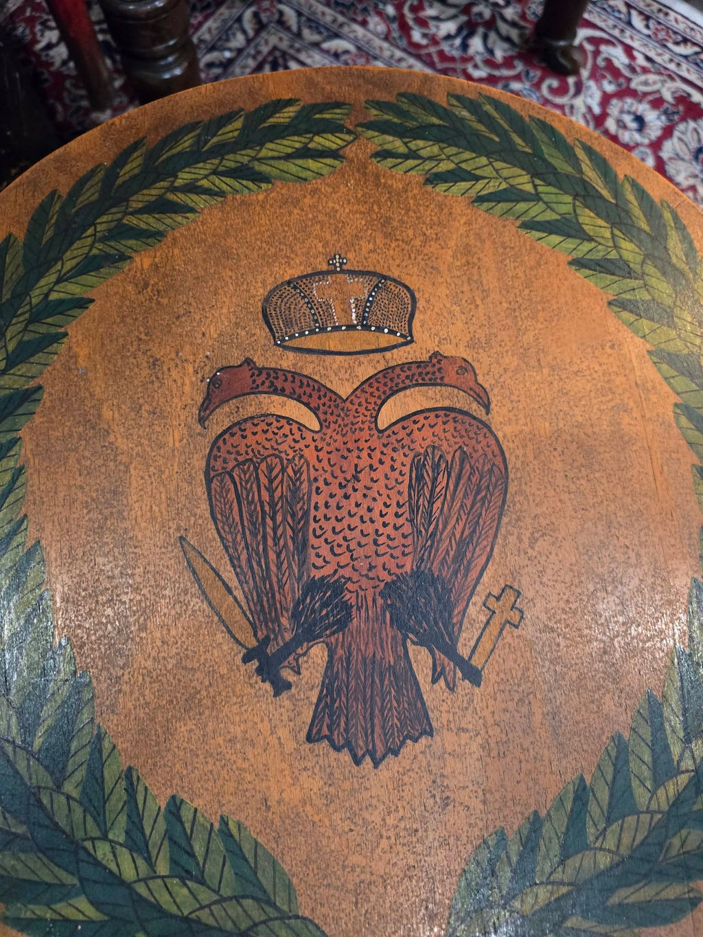 Vintage hand-painted beautiful double-headed eagle byzantine emblem wooden side tables