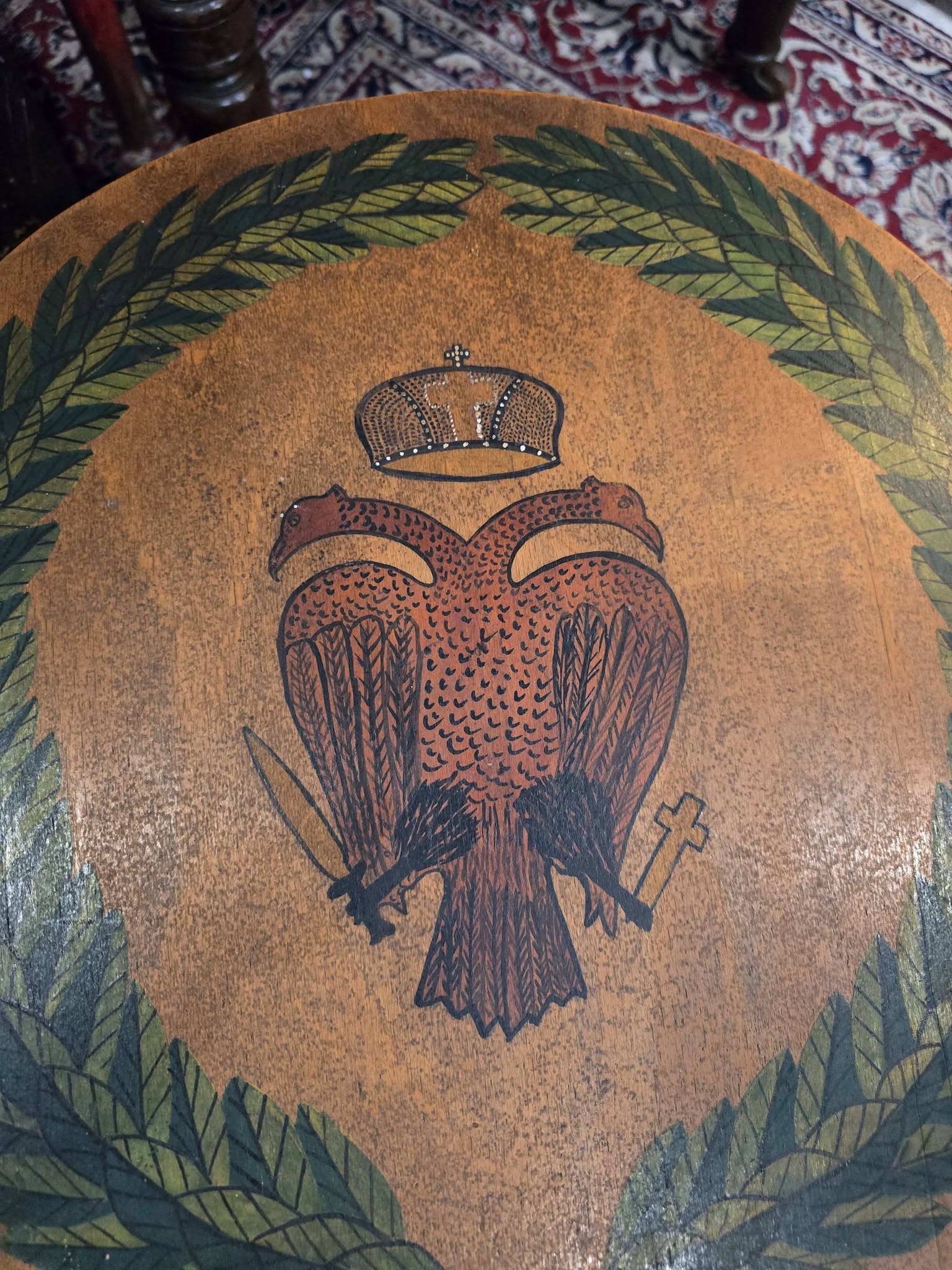 Vintage hand-painted beautiful double-headed eagle byzantine emblem wooden side tables