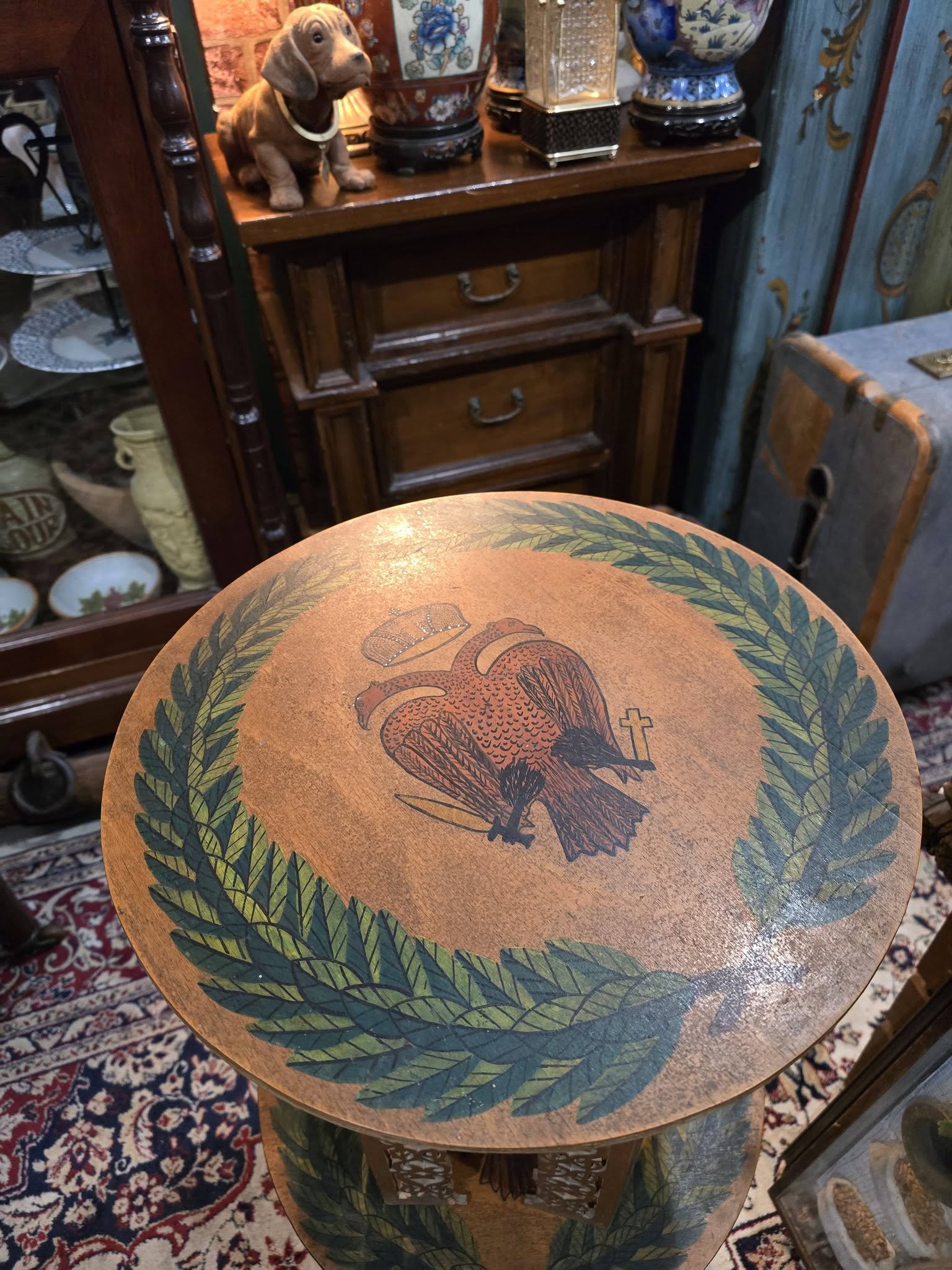 Vintage hand-painted beautiful double-headed eagle byzantine emblem wooden side tables