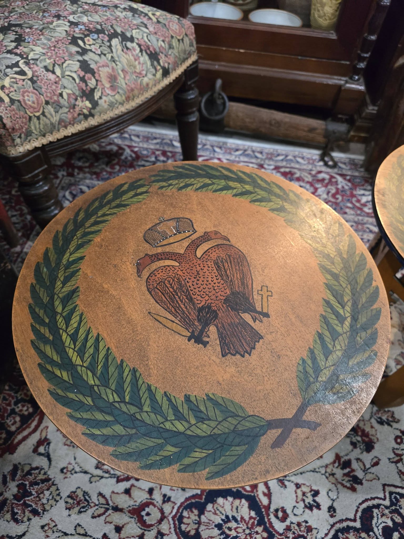 Vintage hand-painted beautiful double-headed eagle byzantine emblem wooden side tables
