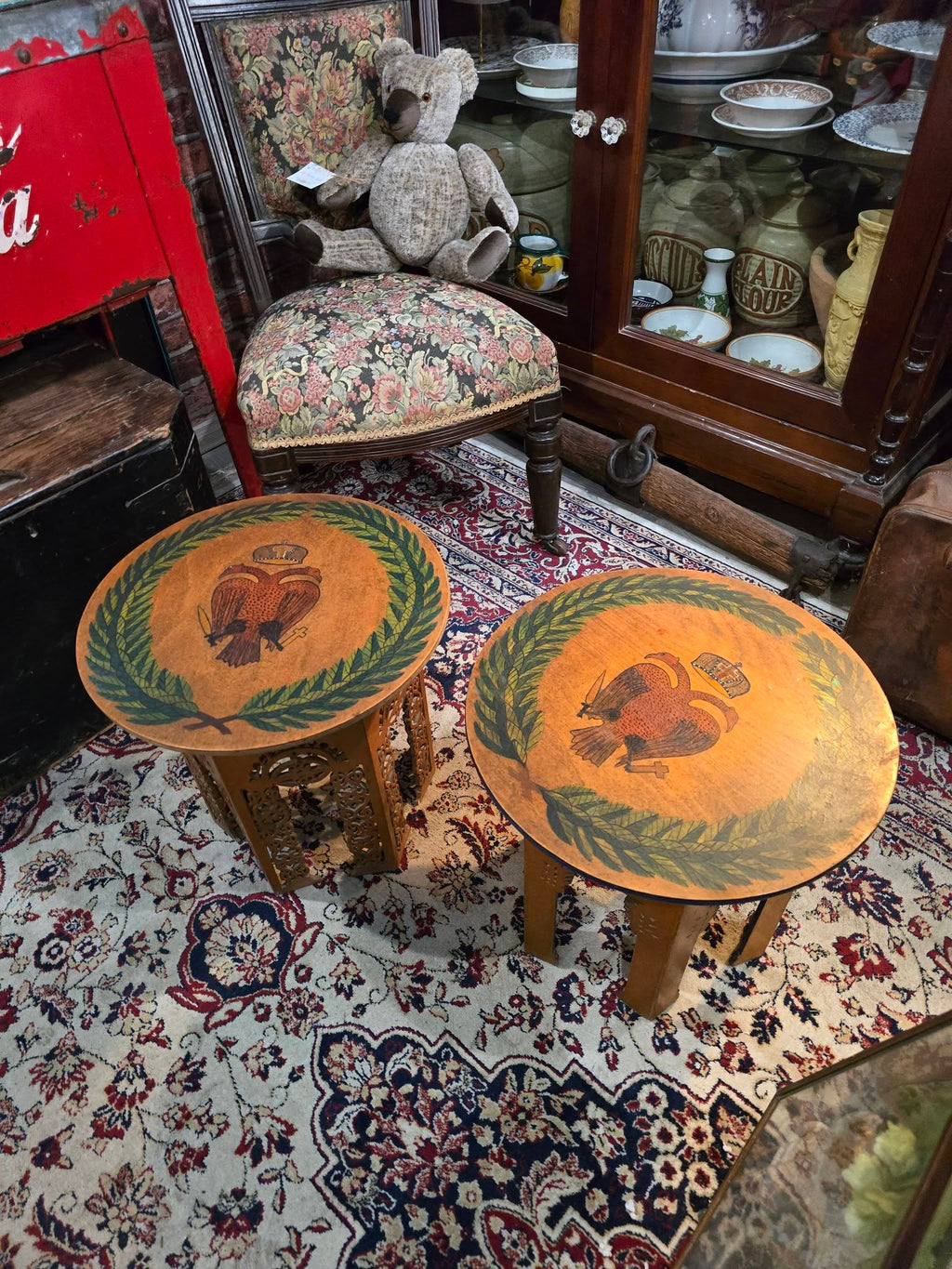 Vintage hand-painted beautiful double-headed eagle byzantine emblem wooden side tables
