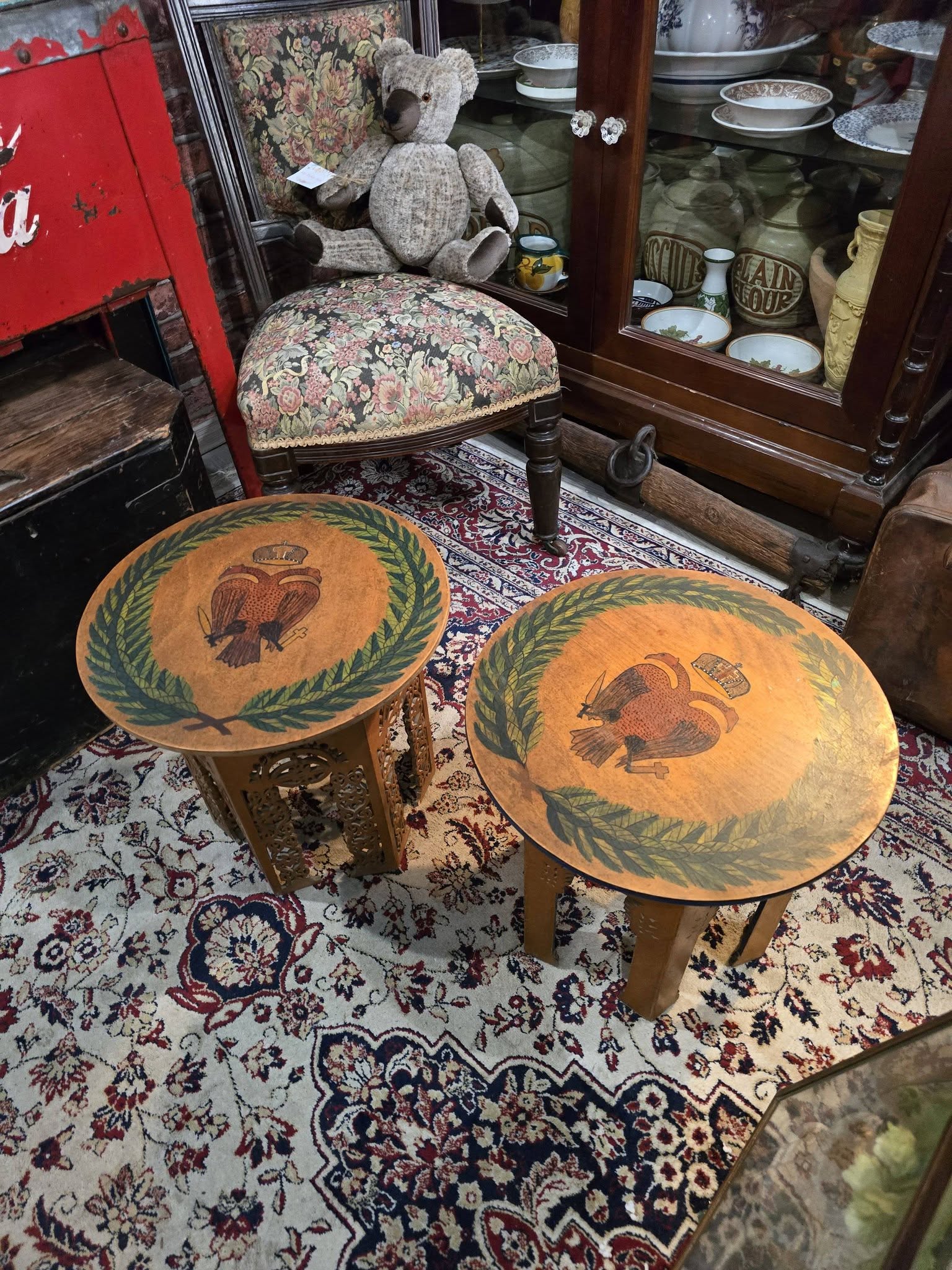 Vintage hand-painted beautiful double-headed eagle byzantine emblem wooden side tables