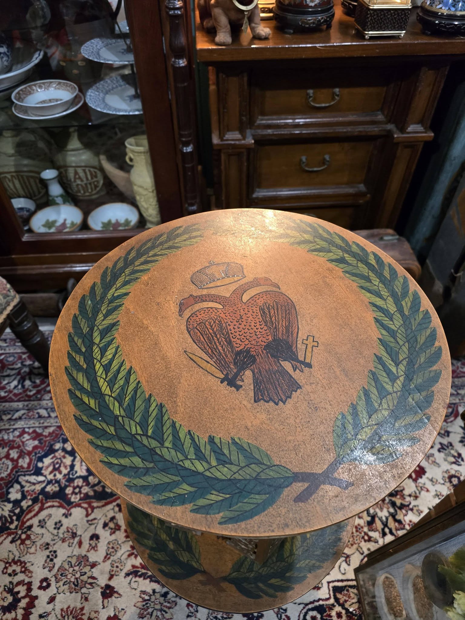 Vintage hand-painted beautiful double-headed eagle byzantine emblem wooden side tables