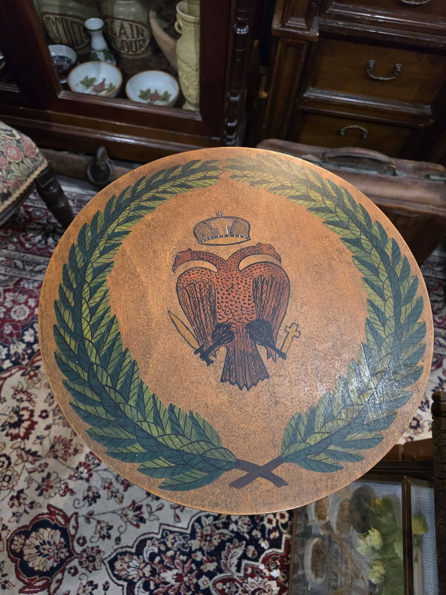 Vintage hand-painted beautiful double-headed eagle byzantine emblem wooden side tables