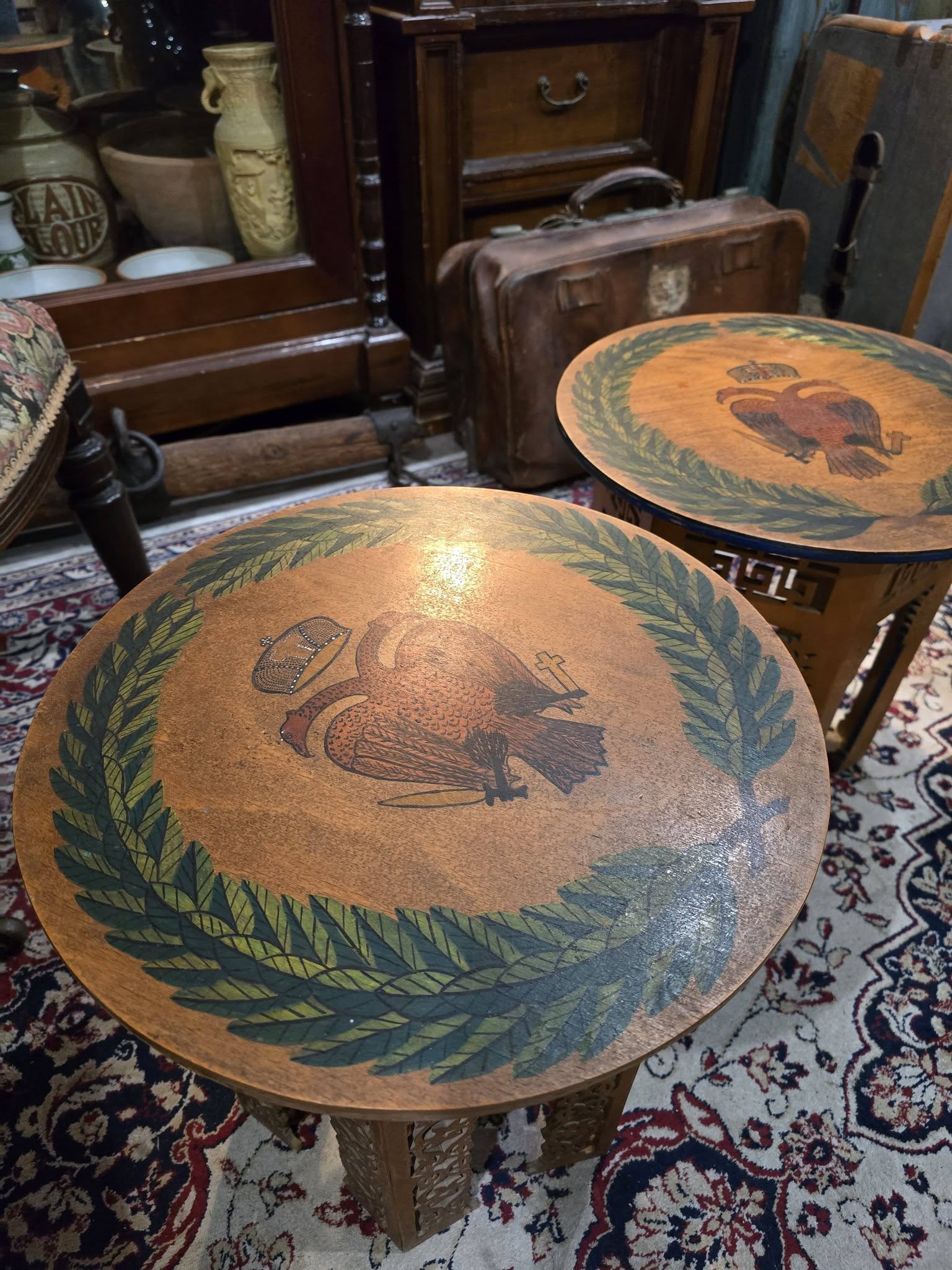 Vintage hand-painted beautiful double-headed eagle byzantine emblem wooden side tables