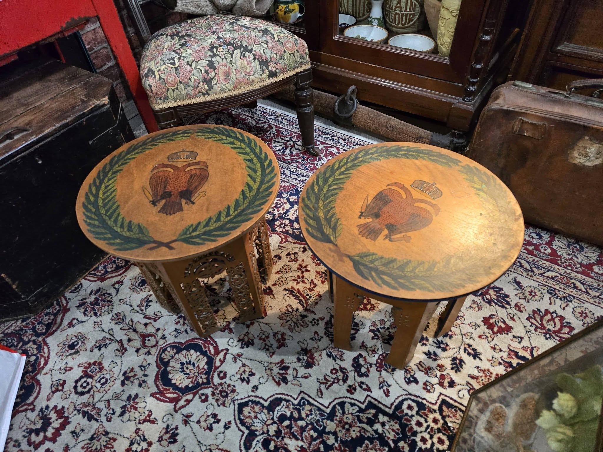 Vintage hand-painted beautiful double-headed eagle byzantine emblem wooden side tables
